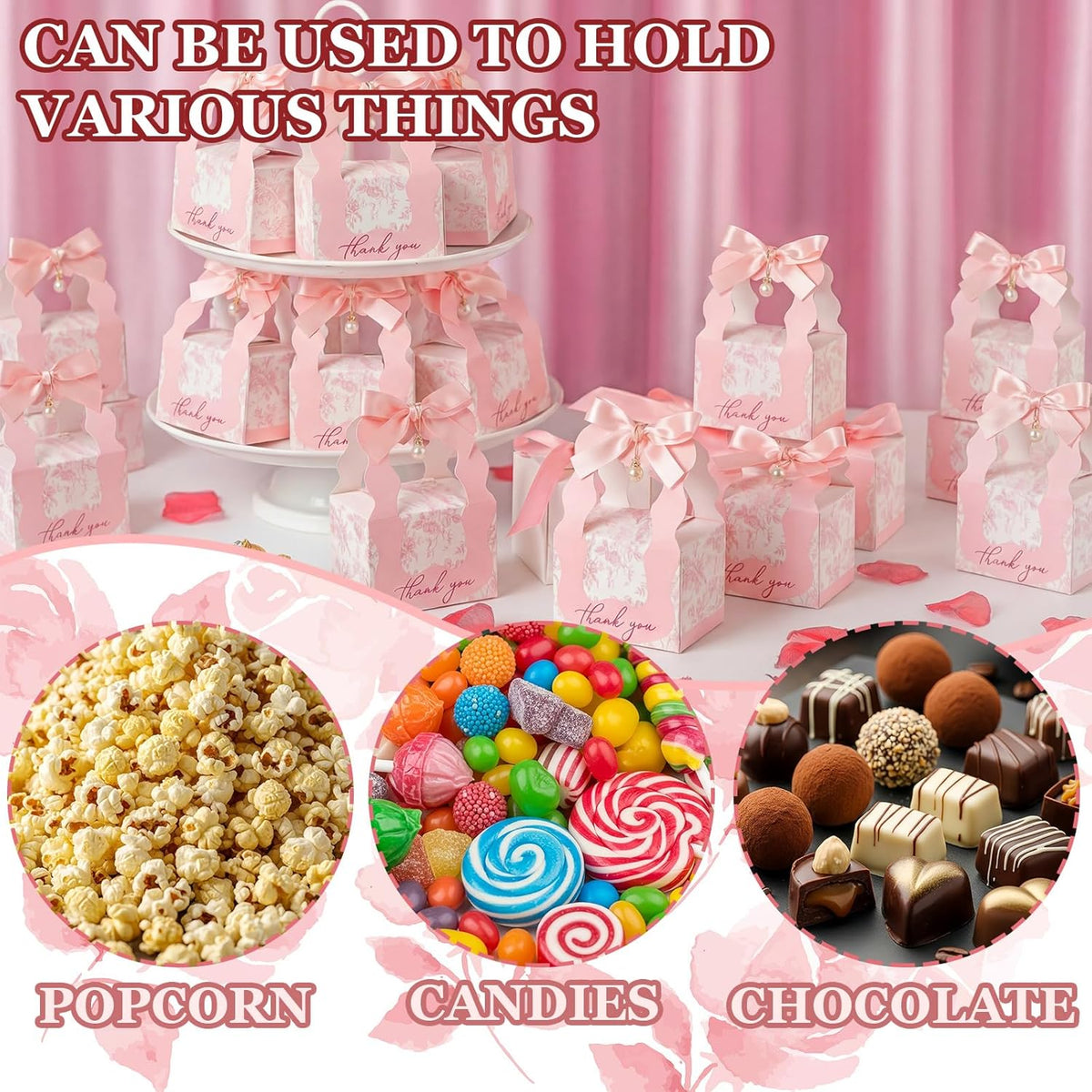 ForraFun 100 Sets Floral Wedding Favor Boxes with Pearl Pendant Bow Ribbon Floral Wedding Party Candy Boxes Bridal Gift for Guests Bridal Shower Birthday Party Anniversary Supplies (Pink)