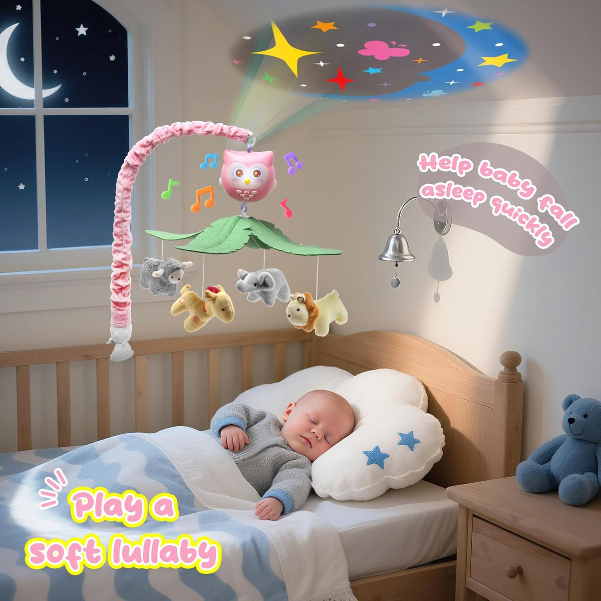 Baby Crib Mobile with Music Lights Projector and Remote Control Pink