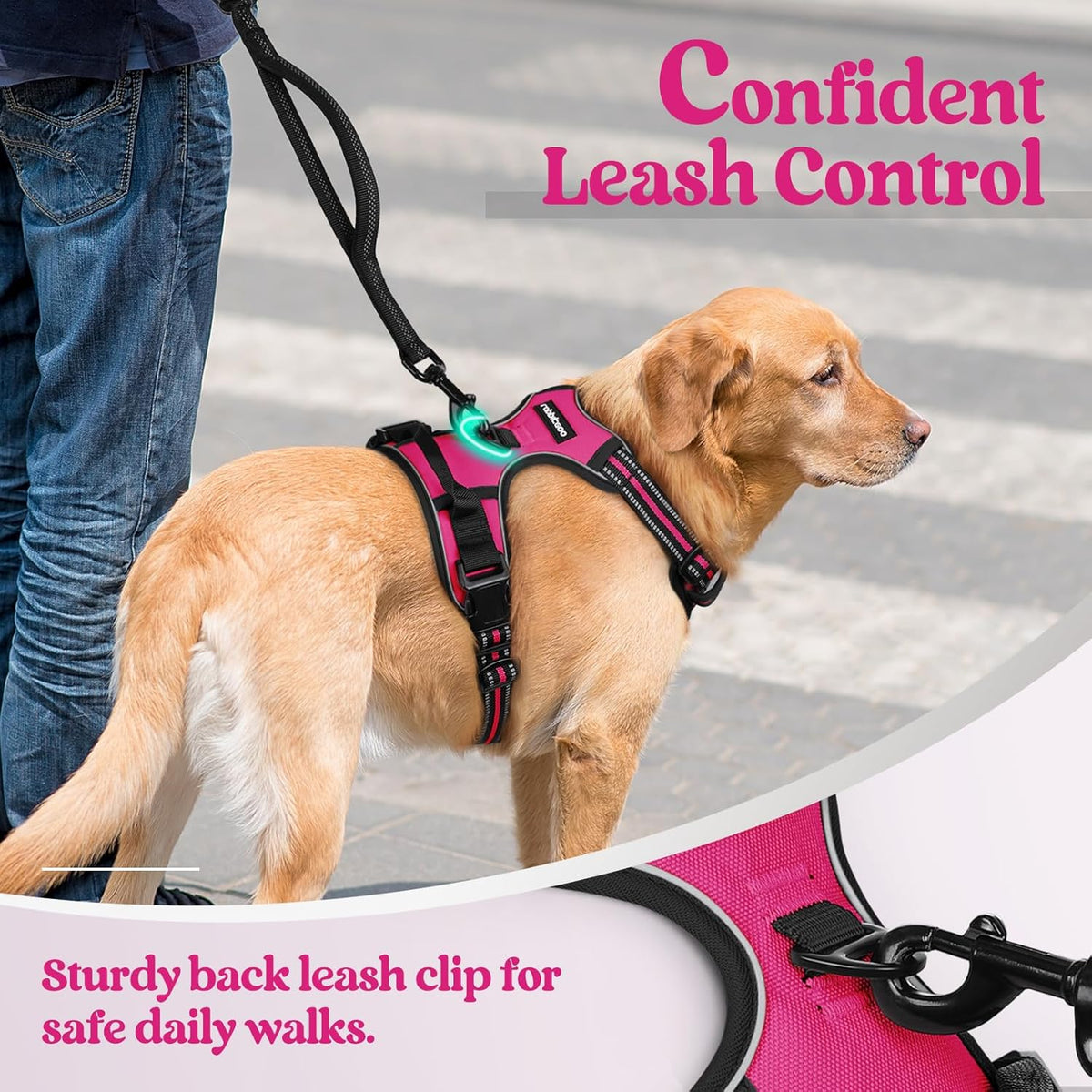 rabbitgoo Dog Harness No Pull with 2 Leash Clips, Adjustable Soft Padded, Reflective Oxford No Choke Pet Vest with Easy Control Handle for Large Dogs, Hot Pink, L
