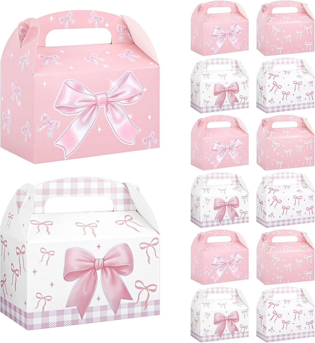 Danquanuan 12 Pcs Pink Bow Treat Boxes, Foldable Paper Gifts Gable Boxes, Pink Party Favor Bow Box with Handles for Birthday Bachelorette Engagement Wedding Baby Shower Bridal Bow Goodie Bags
