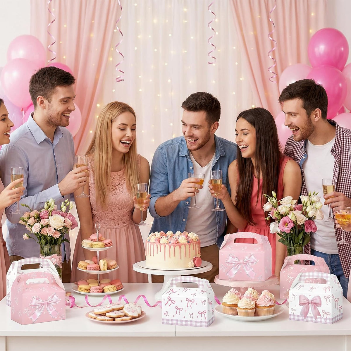 Danquanuan 12 Pcs Pink Bow Treat Boxes, Foldable Paper Gifts Gable Boxes, Pink Party Favor Bow Box with Handles for Birthday Bachelorette Engagement Wedding Baby Shower Bridal Bow Goodie Bags