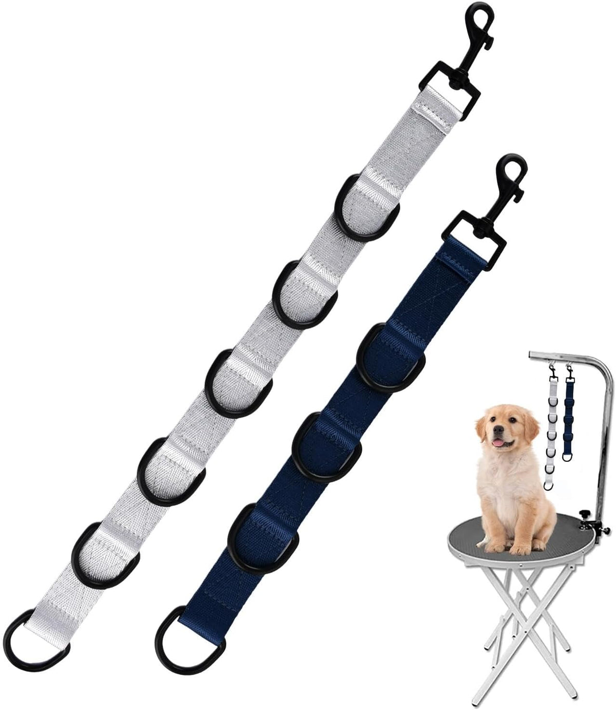 2pcs Dog Grooming Extension Strap with 4 D-Ring and 6 D-Ring Grooming Loops Adjustable Extender Straps Quick Release Pet Dog Leashes for Grooming(Color:Black Silver)