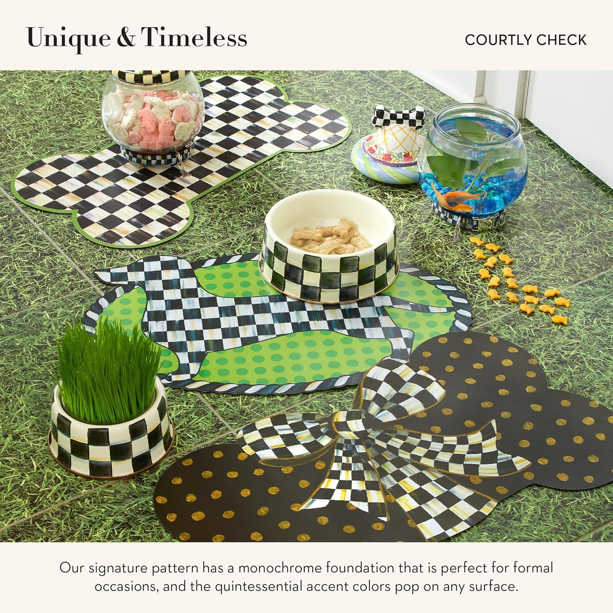 MACKENZIE-CHILDS Pup Placemat, Cute Pet-Food Mat for Dog Bowls and Cat Bowls, Black-and-White Courtly Check