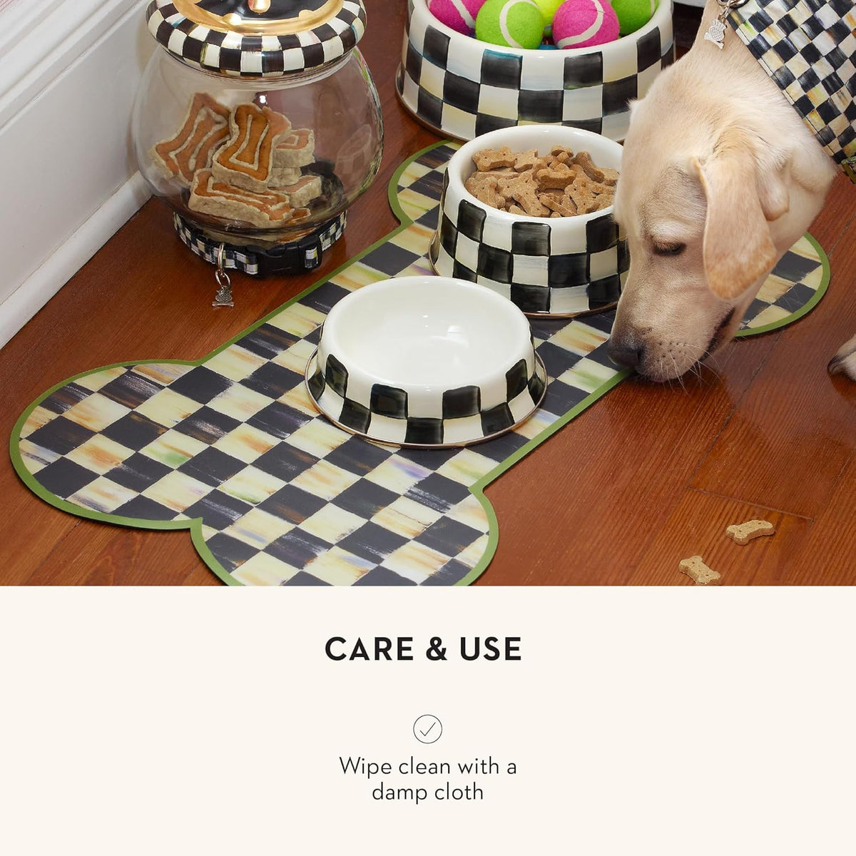 MACKENZIE-CHILDS Pup Placemat, Cute Pet-Food Mat for Dog Bowls and Cat Bowls, Black-and-White Courtly Check