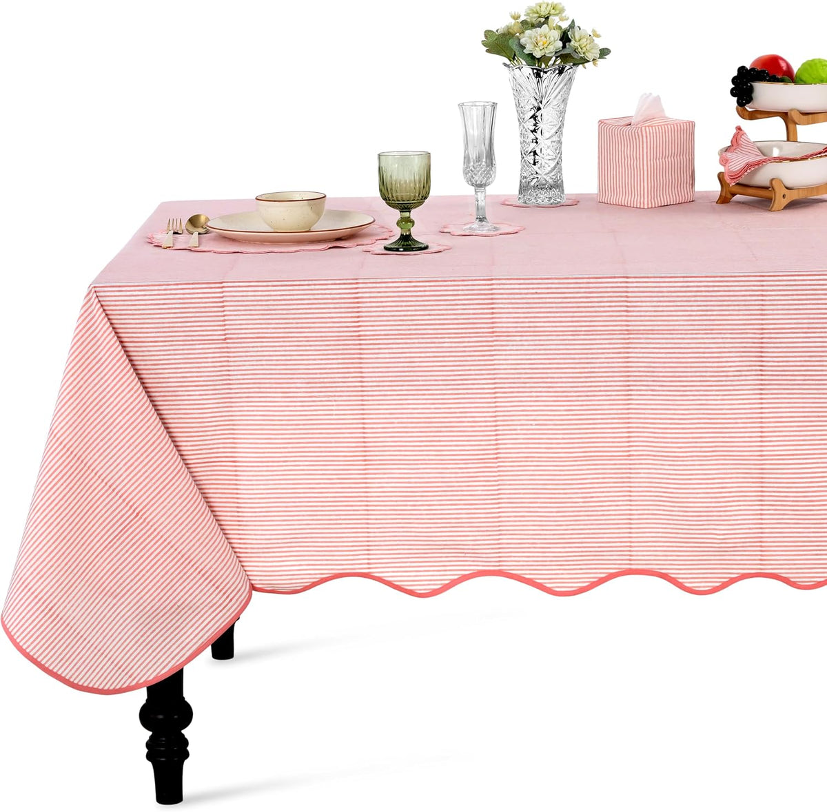 Blush Coral Stripe Block Print Cotton Tablecloth 60"x60" Square
