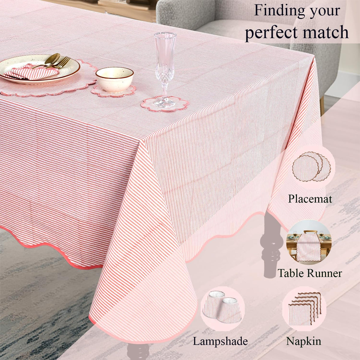Blush Coral Stripe Block Print Cotton Tablecloth 60"x60" Square