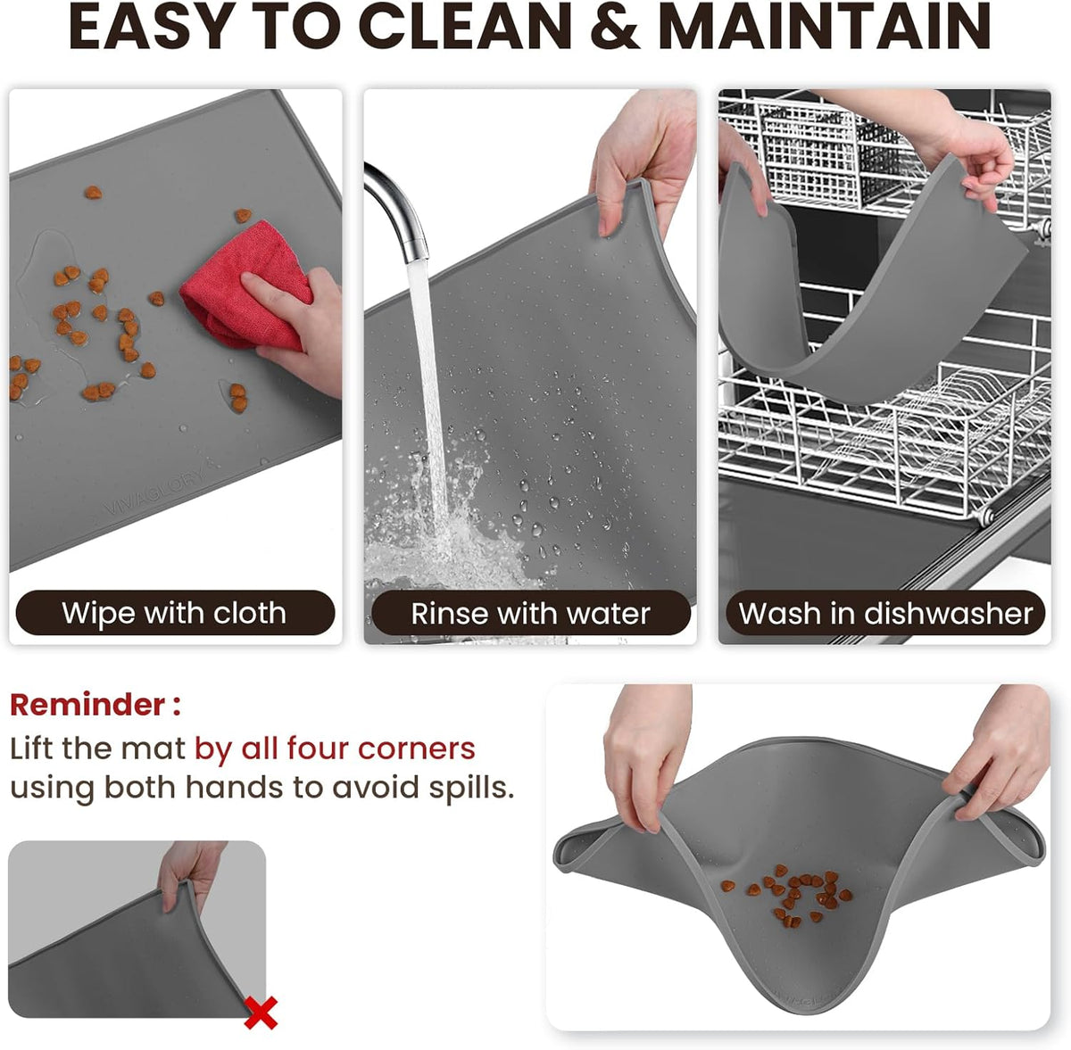 VIVAGLORY Dog Bowl Mat Grippymat Pet Food Mat, Waterproof Washable Nonslip Silicone for Pet & Cat, Food and Water Placemat with Lip & Raised Edges for Indoor Floor, S, Sakura Pink
