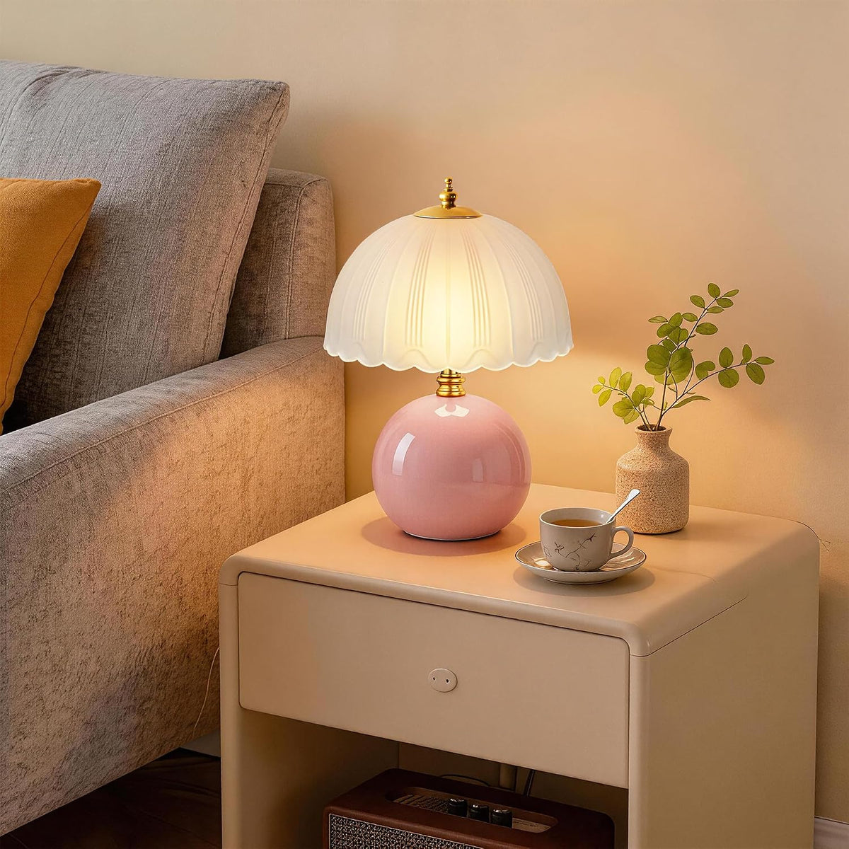 Mushroom Table Lamp, Ceramic Bedside Lamp with Glass Shade, 3-Way Lighting (2700K-5000K) Rocker Switch, Small Nightstand Lamp for Bedroom, Living Room, Office, Pink