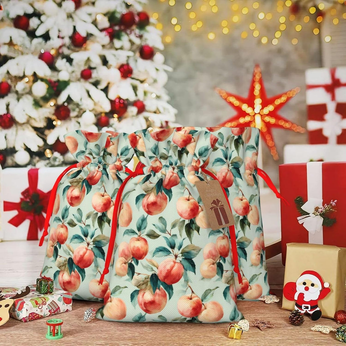 Fruits Peach (1) Print Christmas Drawstring Gift Bags, Reusable Candy Treat Bags For Holiday Birthday Party