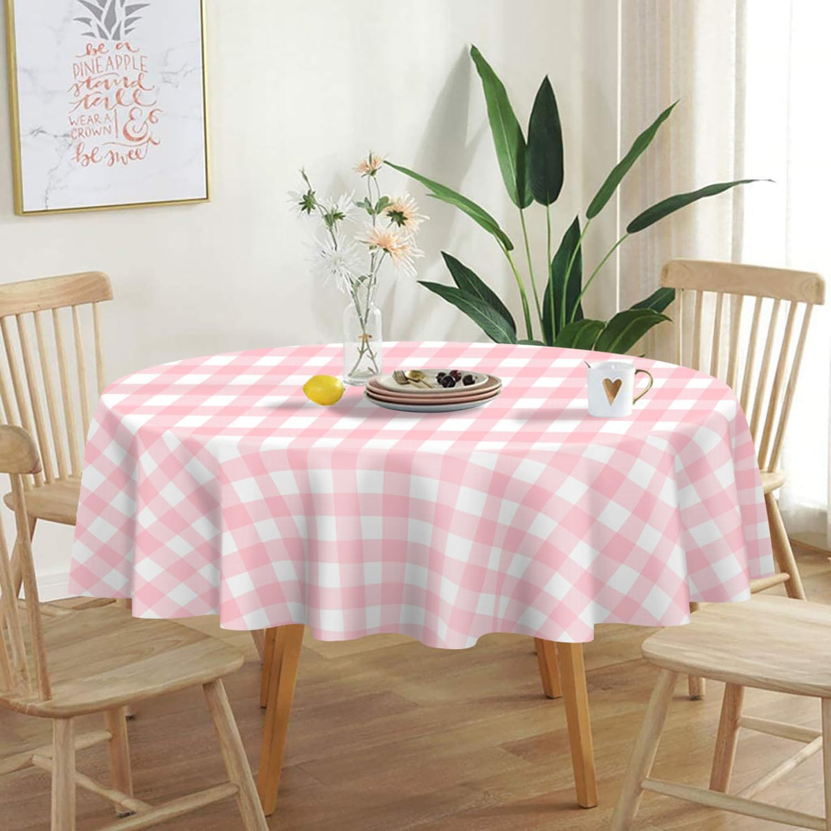 2 Pack Pink Gingham Round Plastic Tablecloth Disposable
