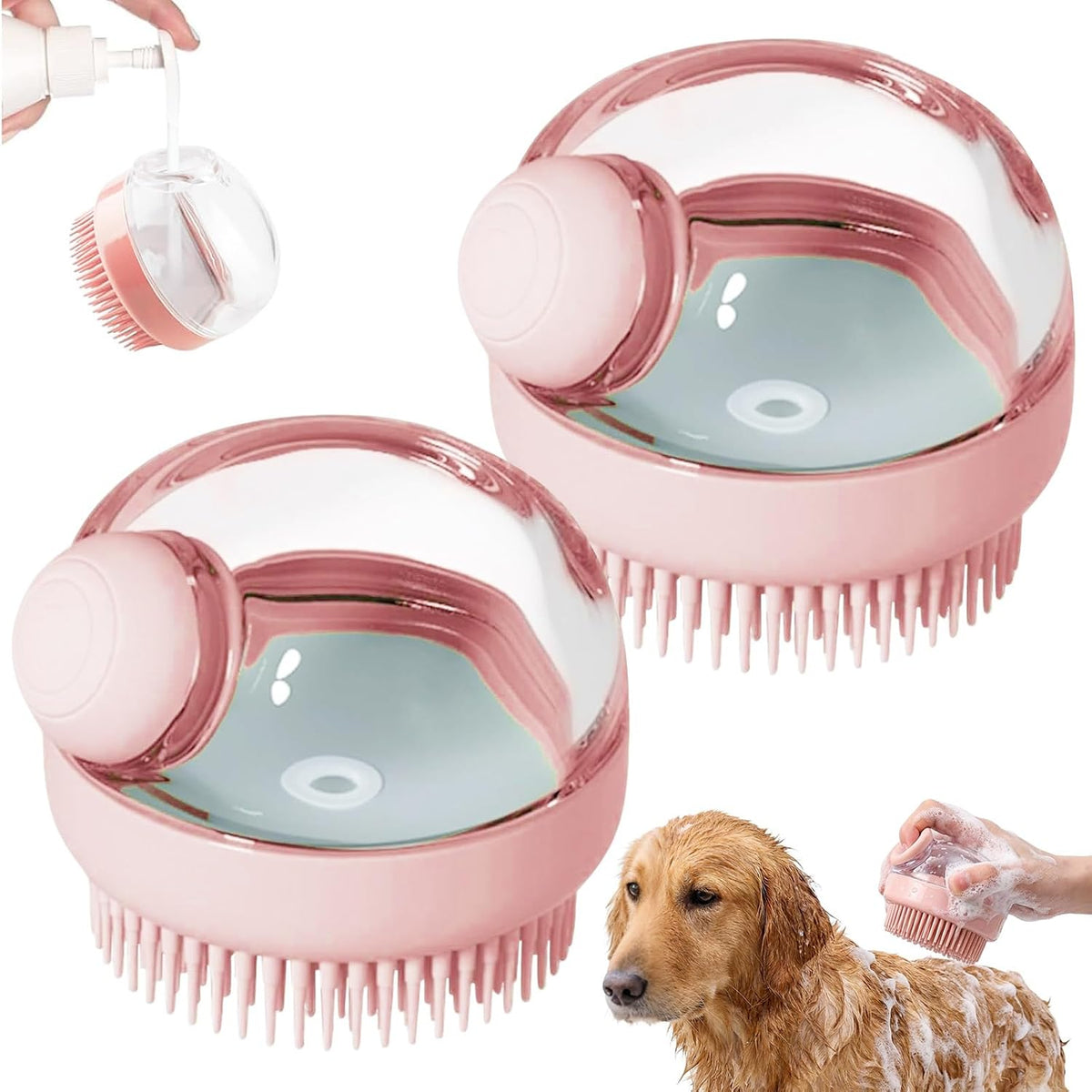Dog Bath Scrubber Brush, 2Pcs Pet Dog Grooming Massage Shampoo Bath Brush with Soap and Shampoo Dispenser Soft Silicone Bristle for Long Short Haired Dogs Cats Shower-Pink