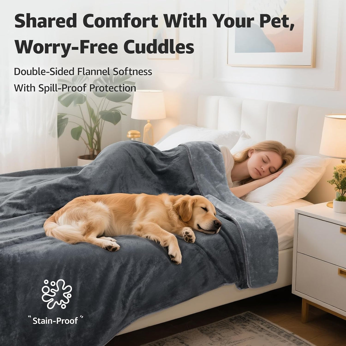 LOOBANI Waterproof Blanket for Bed: Reversible Soft Flannel Twin Bed Blanket 60" x 80", Leakproof Throw Spill-Proof Dog Pet Blanket for Couch Cover, Movie Time, Camping, Travel, Grey