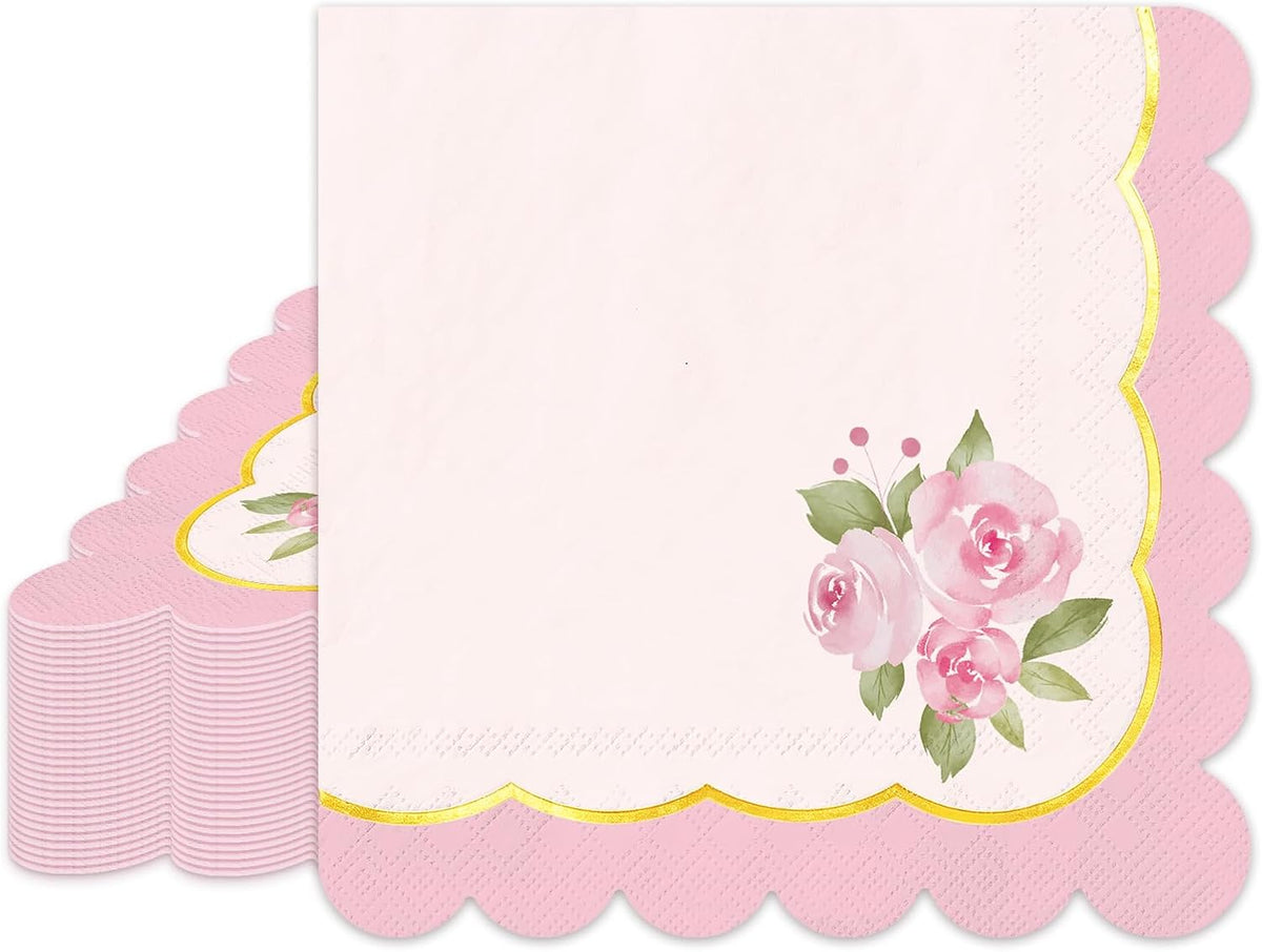Whaline 50Pcs Pink Floral Scalloped Cocktail Napkins Disposable Napkin Gold Foil Watercolor Flower Beverage Napkin for Mother's Day Spring Birthday Wedding Tea Party Table Supplies