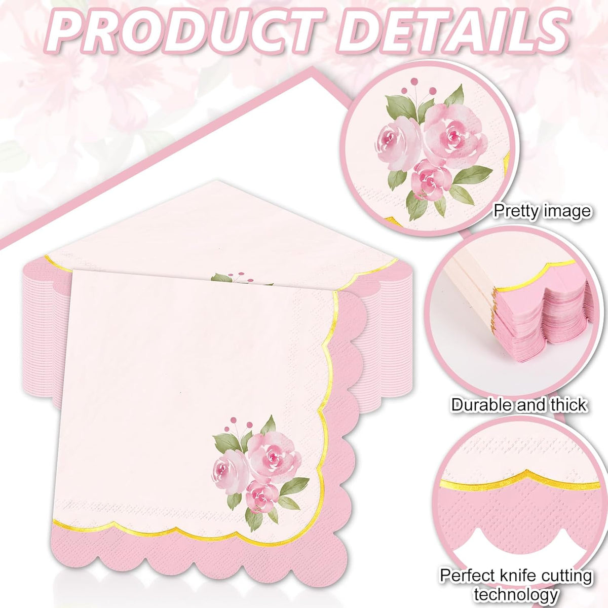 Whaline 50Pcs Pink Floral Scalloped Cocktail Napkins Disposable Napkin Gold Foil Watercolor Flower Beverage Napkin for Mother's Day Spring Birthday Wedding Tea Party Table Supplies