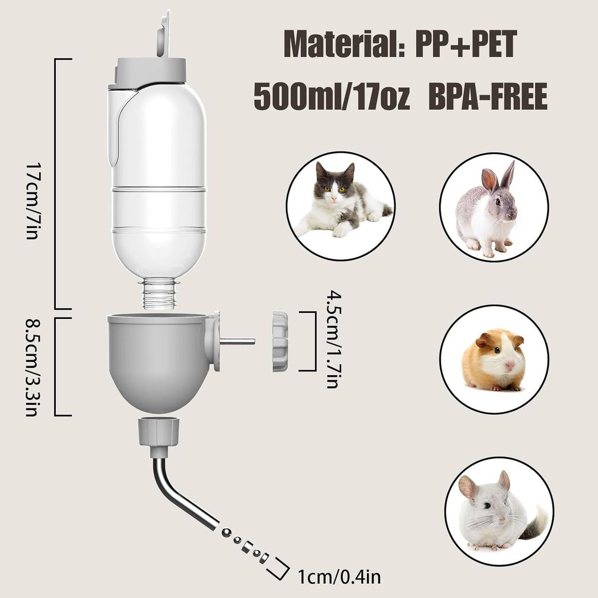 Pet Water Bottle for Cage Crate 17oz Non-Drip Water Dispenser for Small Animal Rabbit Bunny Guinea Pig Chinchilla Ferret Squirrel Hedgehog (Gray, 17oz)