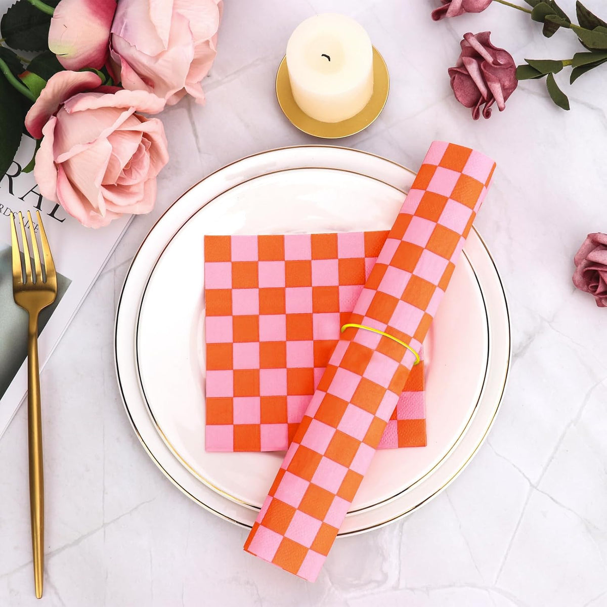 100 Pcs Plaid Paper Napkins Pink And Orange Napkins 5 * 5 Inch Light Pink Paper Checkered Napkin Disposable Beverage Napkin Pink Orange Party Favor For Birthday Wedding Baby Shower Cocktail Party