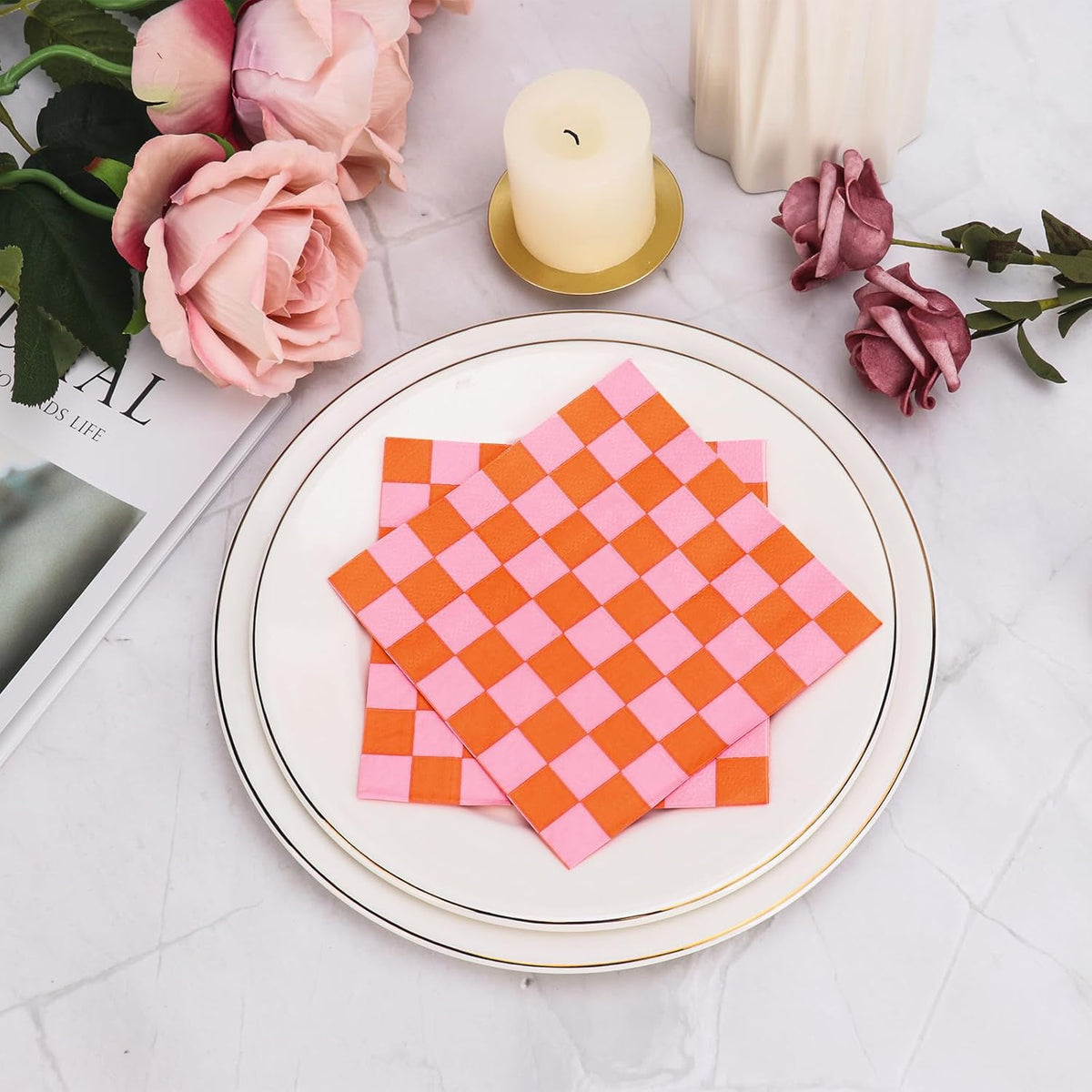 100 Pcs Plaid Paper Napkins Pink And Orange Napkins 5 * 5 Inch Light Pink Paper Checkered Napkin Disposable Beverage Napkin Pink Orange Party Favor For Birthday Wedding Baby Shower Cocktail Party
