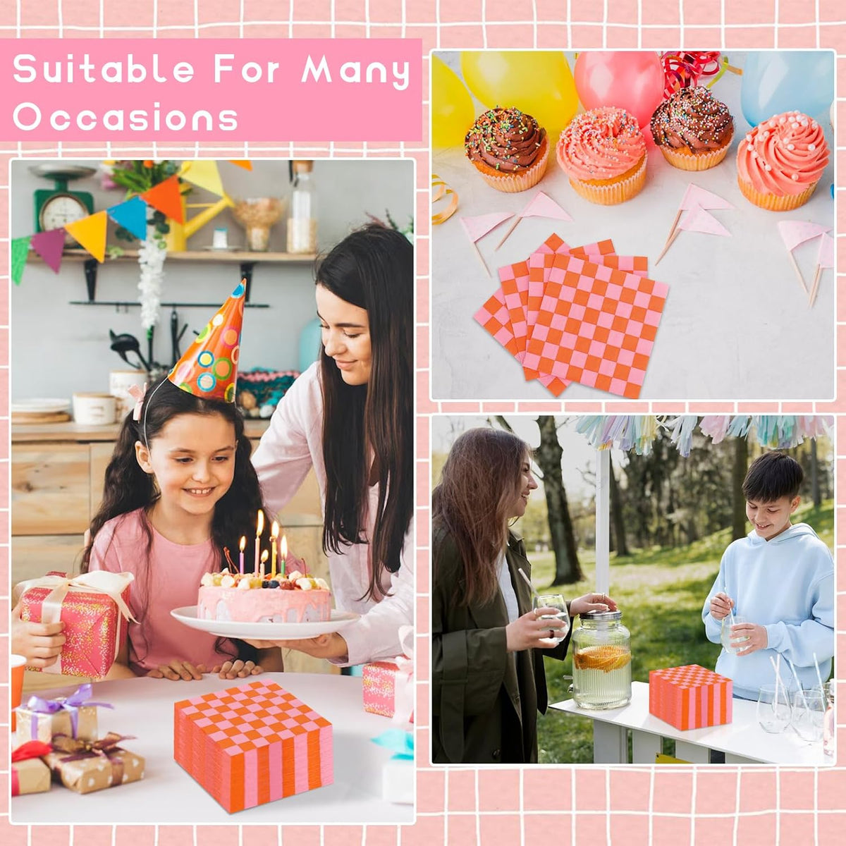 100 Pcs Plaid Paper Napkins Pink And Orange Napkins 5 * 5 Inch Light Pink Paper Checkered Napkin Disposable Beverage Napkin Pink Orange Party Favor For Birthday Wedding Baby Shower Cocktail Party