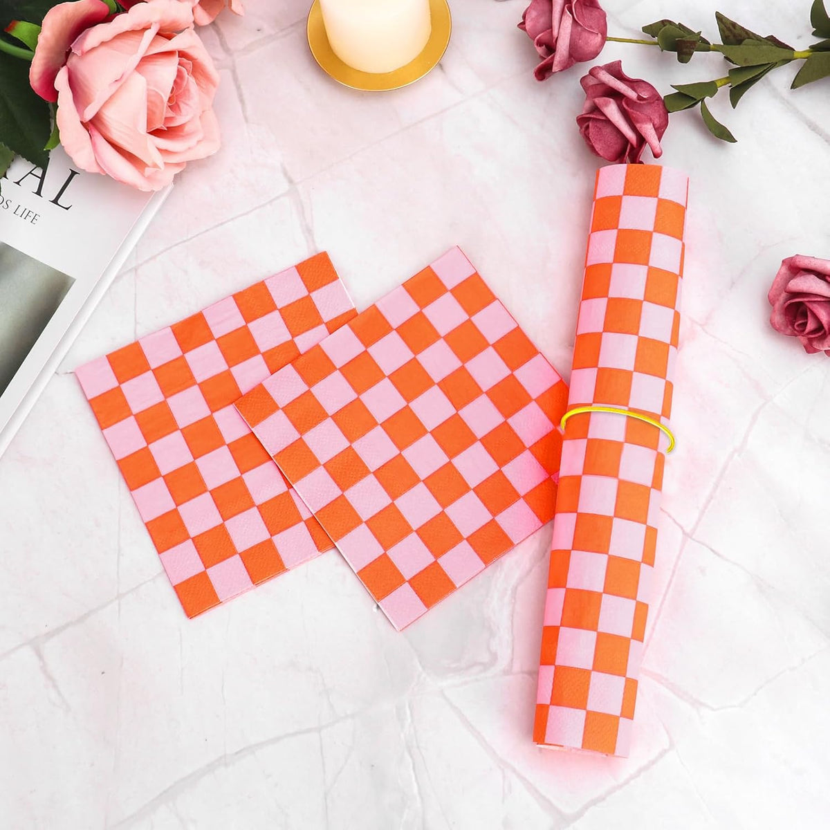 100 Pcs Plaid Paper Napkins Pink And Orange Napkins 5 * 5 Inch Light Pink Paper Checkered Napkin Disposable Beverage Napkin Pink Orange Party Favor For Birthday Wedding Baby Shower Cocktail Party