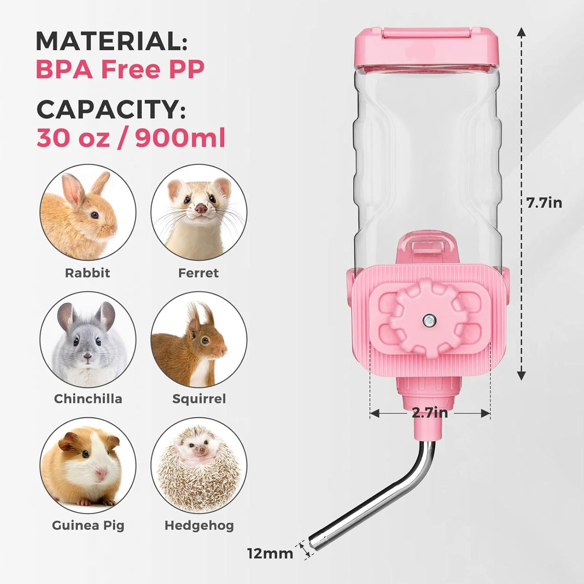 Vannon Small Animal Water Dispenser for Cage, 30oz Auto Feeding Crate Water Bottle for Rabbit, Chinchilla, Ferret, Guinea Pig, Squirrel, Hedgehog, Pet Nozzle Diameter: 10mm, BPA Free, Pink