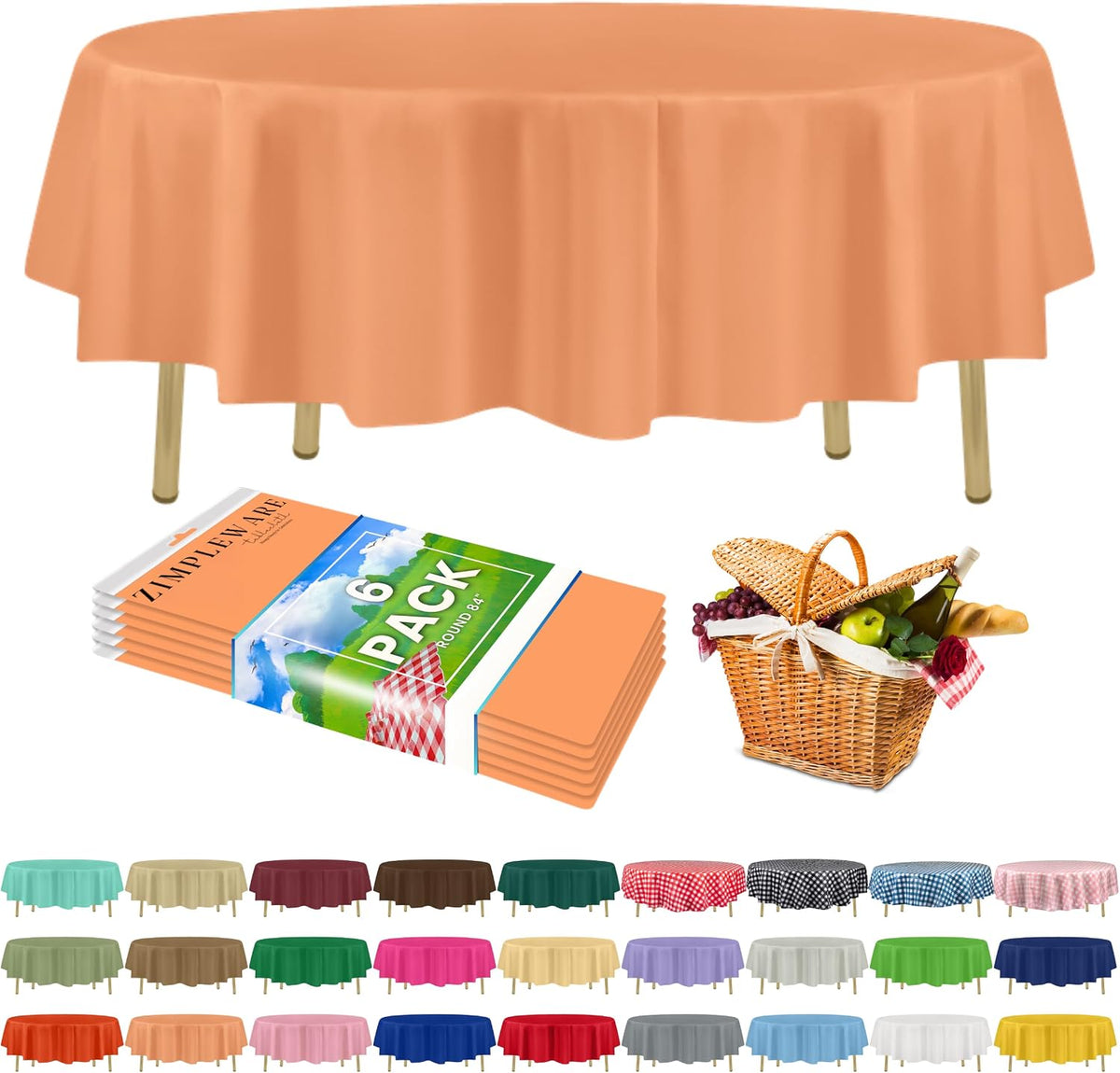 Premium Plastic Table Cloth Disposable Round 84in. 6 Pack