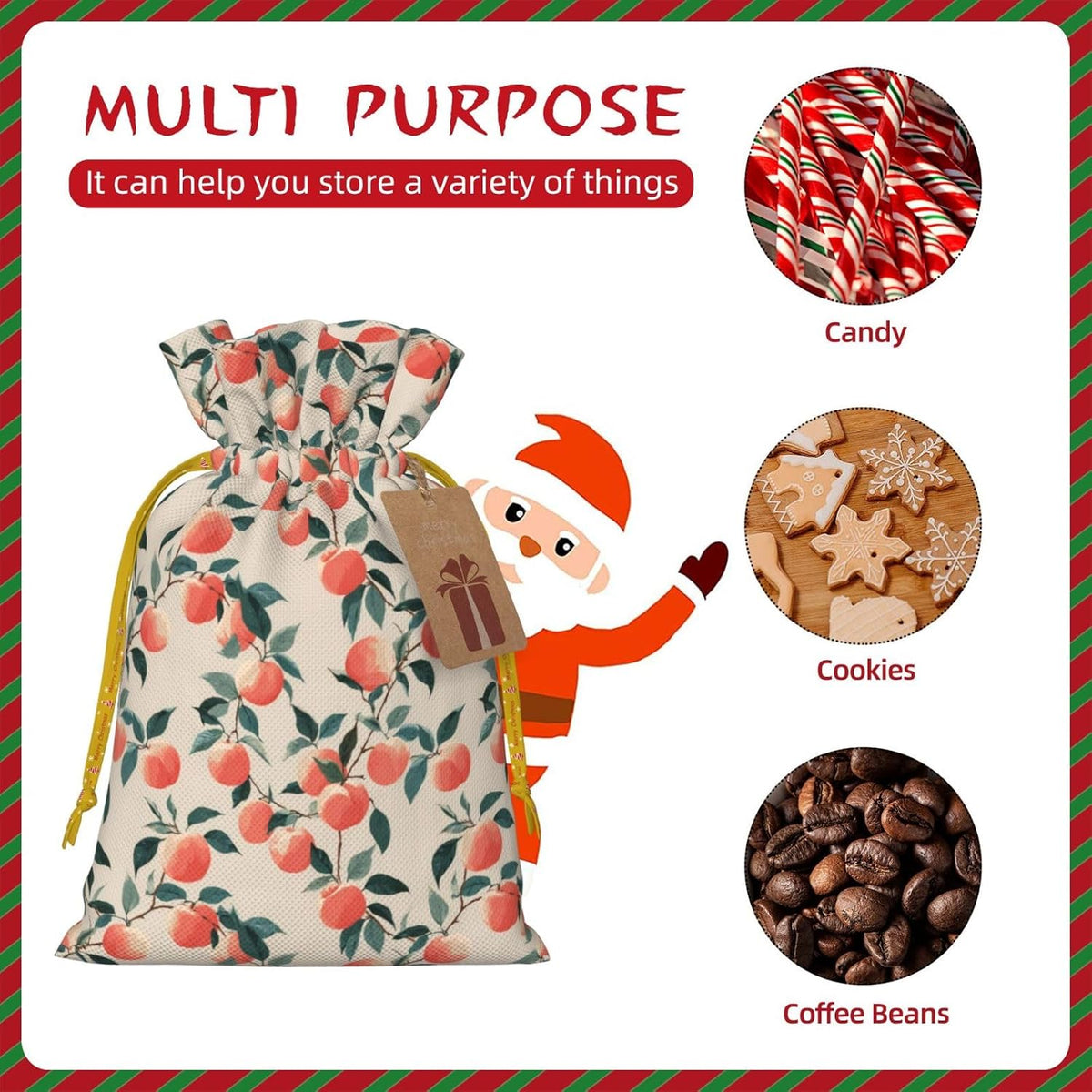 Fruits Peach (3) Print Christmas Drawstring Gift Bags, Reusable Candy Treat Bags For Holiday Birthday Party