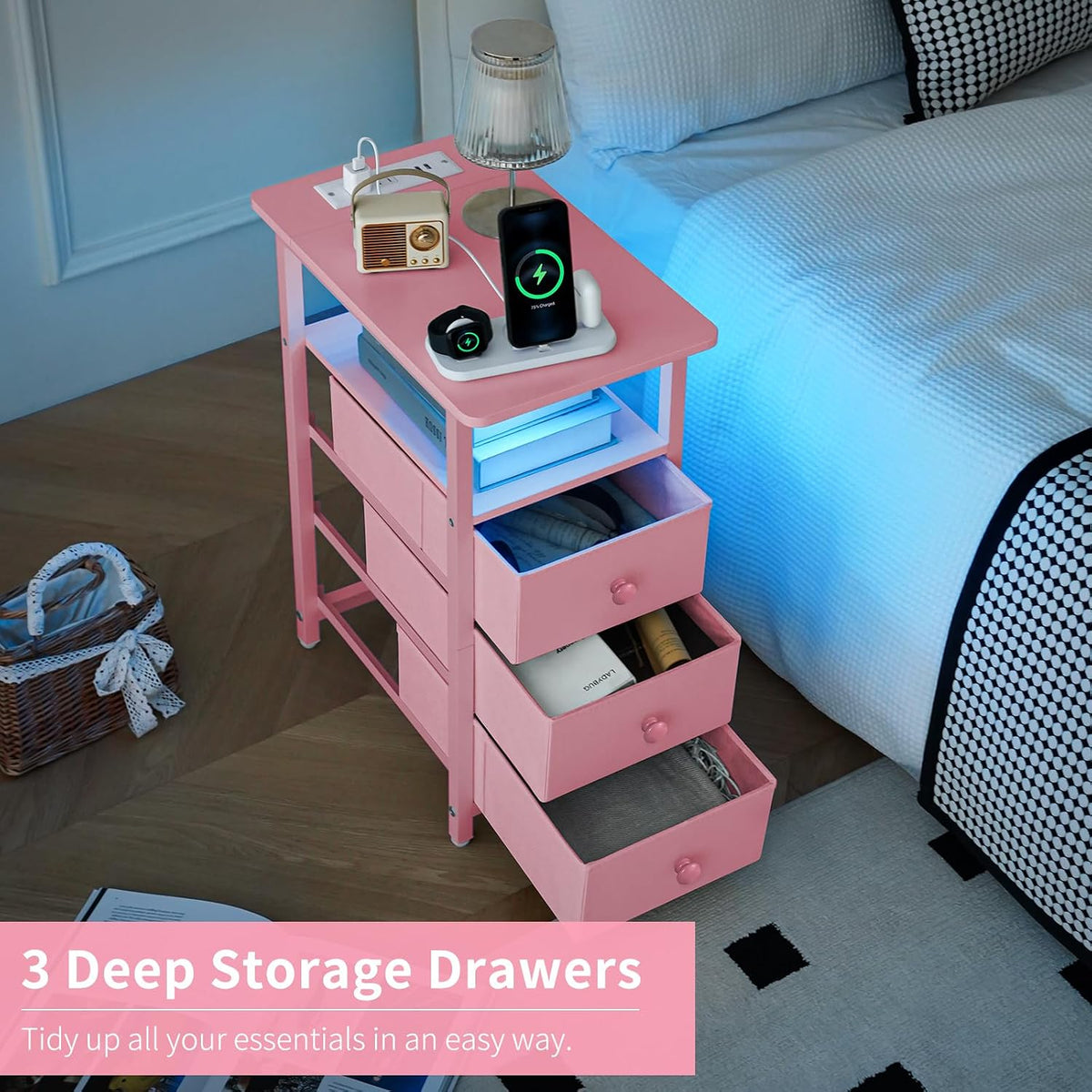End Table with Charging Station, Pink Narrow Nightstand LED Bedside Table, Small Night Stand End Tables Living Room, Skinny Nightstand with 3 Fabric Drawers, Side Table for Small Spaces