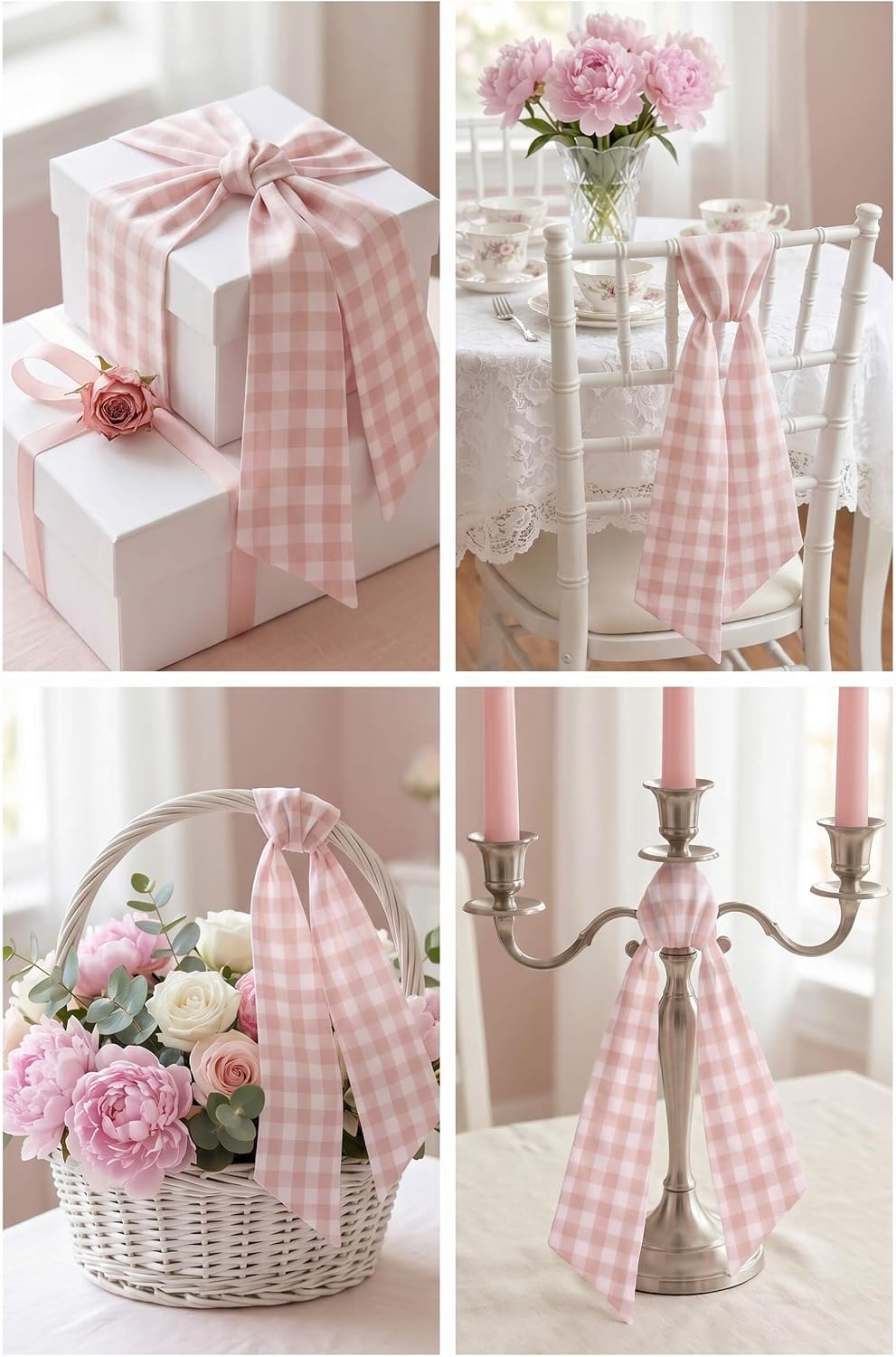 Peach Wreath Sash 2 Pack for Front Door, Spring Easter Baby Shower Gingham Buffalo Check Plaid Ribbon Bows, 5.12" x 54" Each Wedding Decor