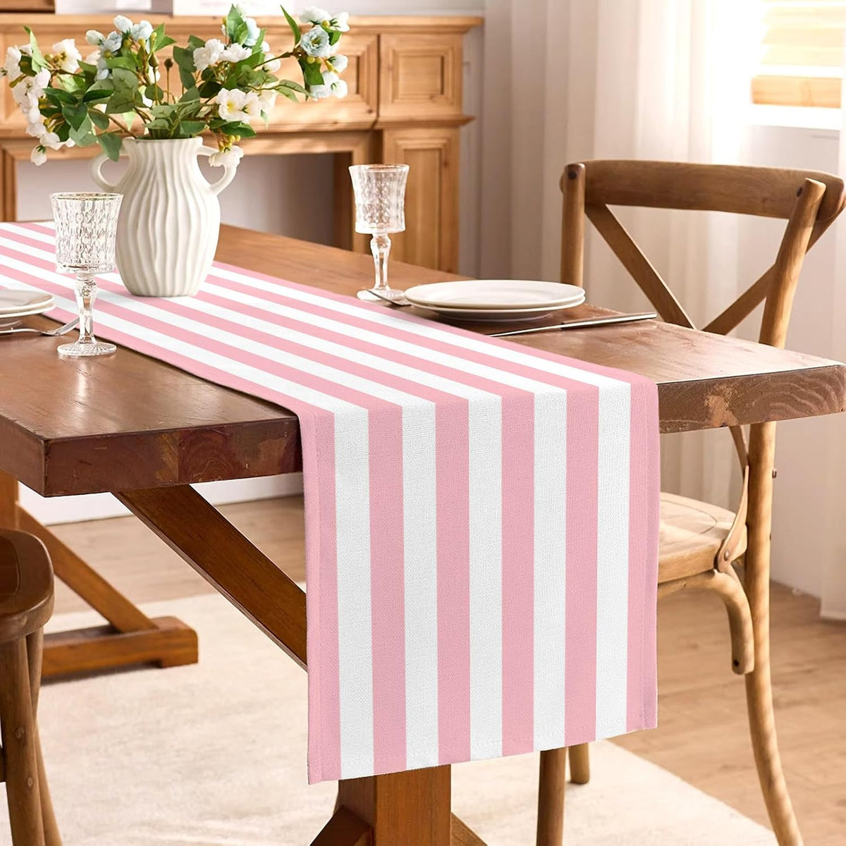 Pink and White Vertical Striped Table Runner Light Pink Birthday Party Decoration Baby Shower Dining Room Home Kitchen Table Decor (Pink, 13" x 108")