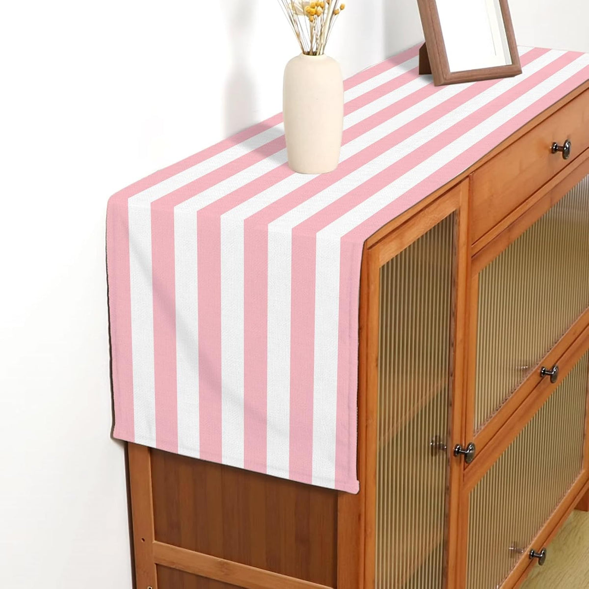 Pink and White Vertical Striped Table Runner Light Pink Birthday Party Decoration Baby Shower Dining Room Home Kitchen Table Decor (Pink, 13" x 108")