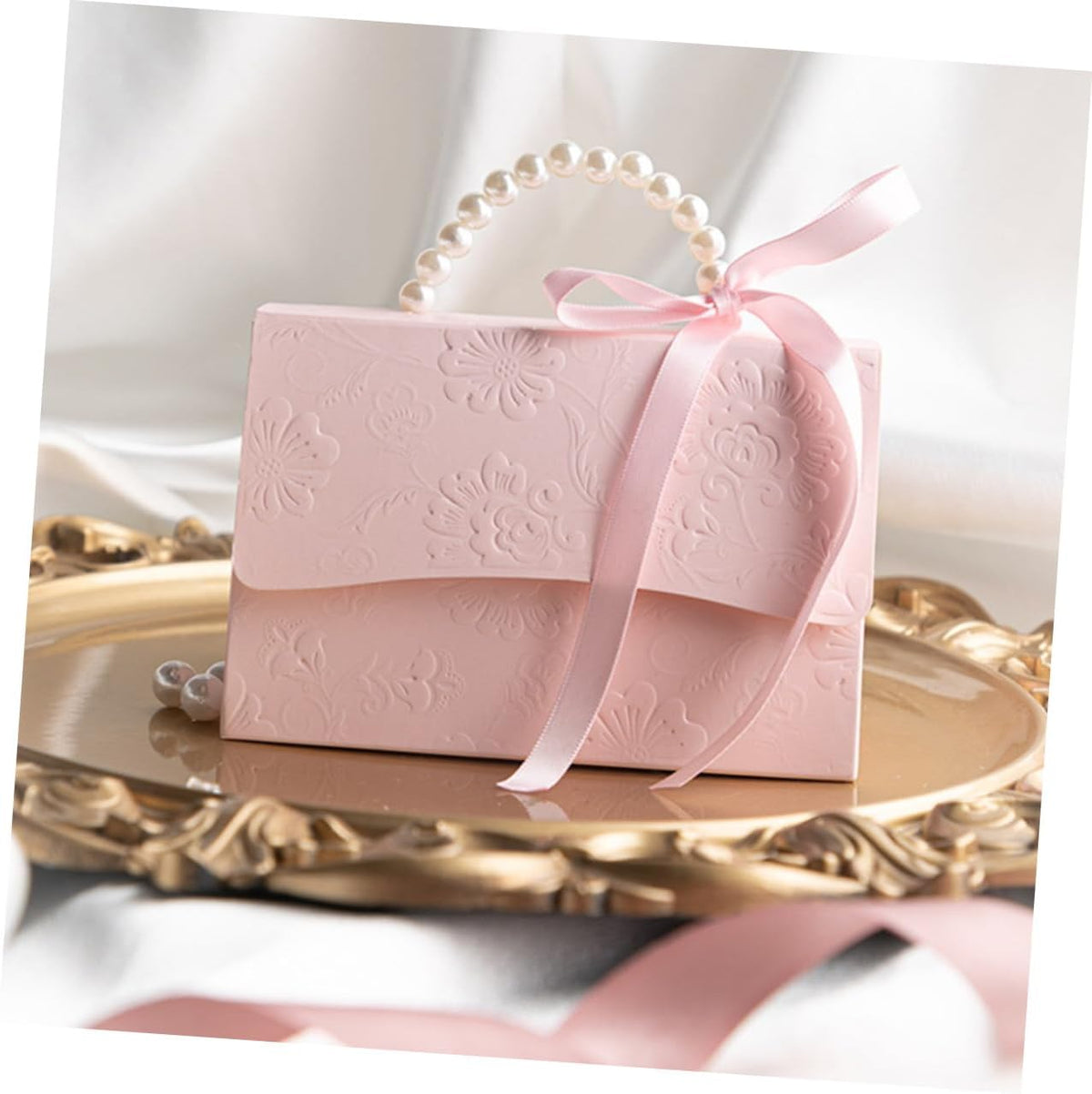 SOESFOUFU Wrapping Boxes Set 2Pcs Small Pink Embossed Flower Pattern Paper Boxes with Pearl Chain for Wedding Party Candy Present Storage and Decorative Use