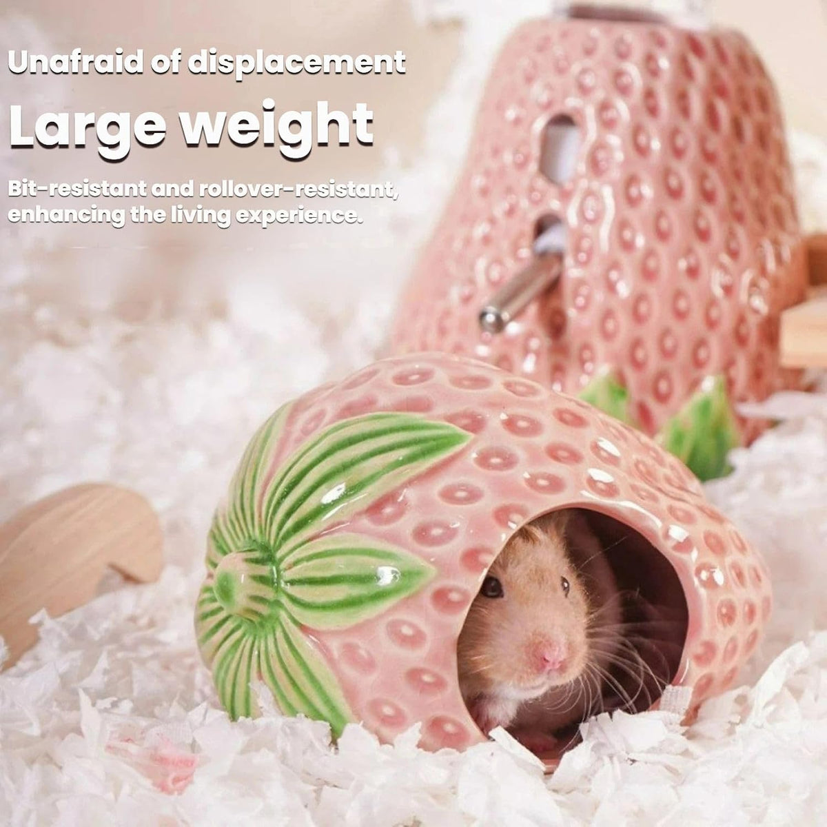 Strawberry Ceramic Hamster Hideout, Summer Cool Cave for Small Pets, Chew Resistant & Easy Clean Hamster House, Decorative Hideaway for Syrian Dwarf Hamsters, Mice (Strawberry - Pink)