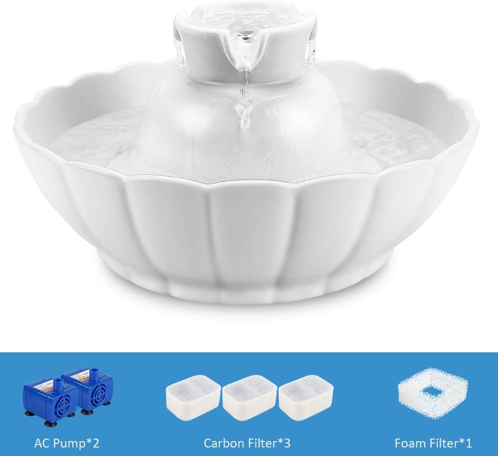 iPettie Tritone Ceramic Cat Water Fountain, Heavy-Duty Waterer for Pets, 2.1 Liters / 2.2 Quart Filtered Water Purifier with Replacement Filters and Foam, White