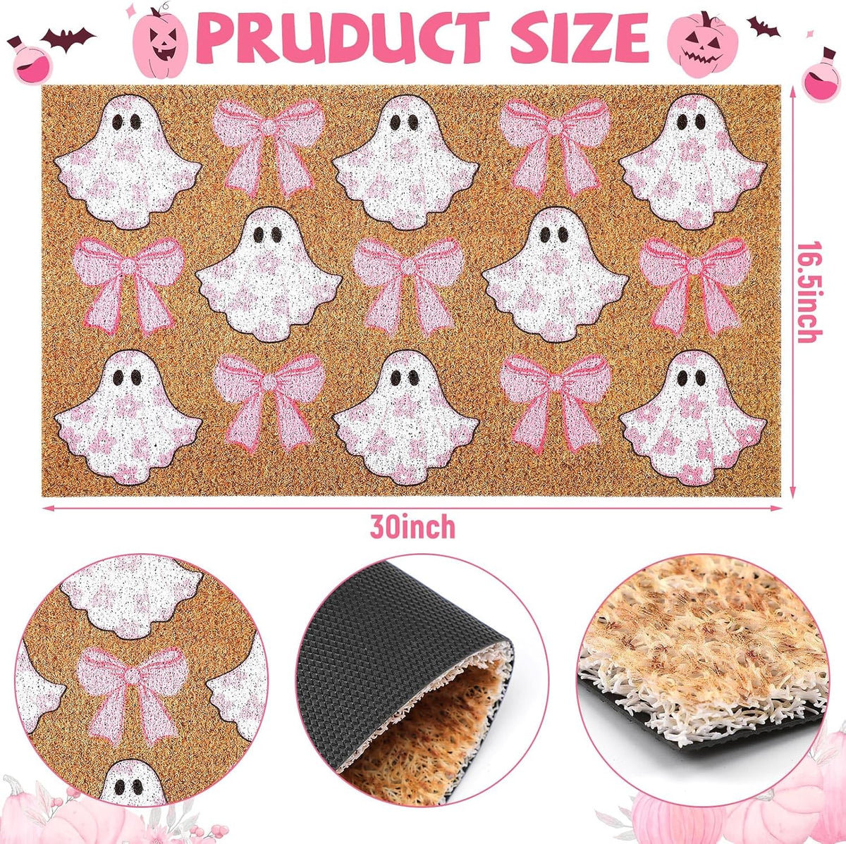 Halloween Doormats Pink Ghost Bow Floral Outdoor Non-Slip Doormat