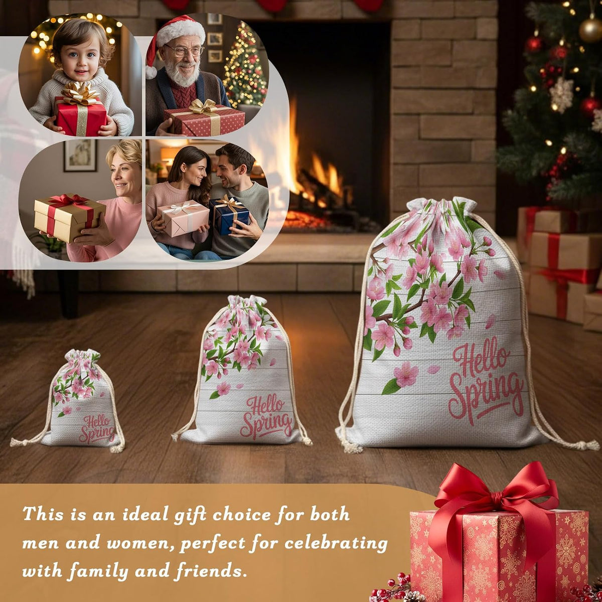 Victoroes Spring Peaches Drawstring Gift Bags 10 Pcs 5" x 7" Small Peaches Flowers Wood Grain Gift Bag Reusable Fabric Wrap Bags for Wedding Party Birthday Holiday