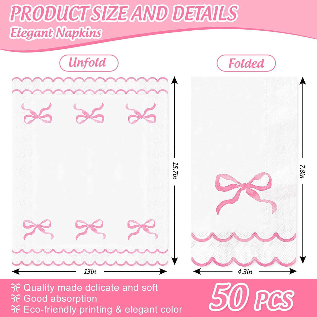 Whaline 50Pcs Watercolor Bow Guest Napkins Pink Scalloped Disposable Paper Napkins Dinner Hand Napkin Towel for Coquette Birthday Baby Shower Party Table Bathroom Supplies
