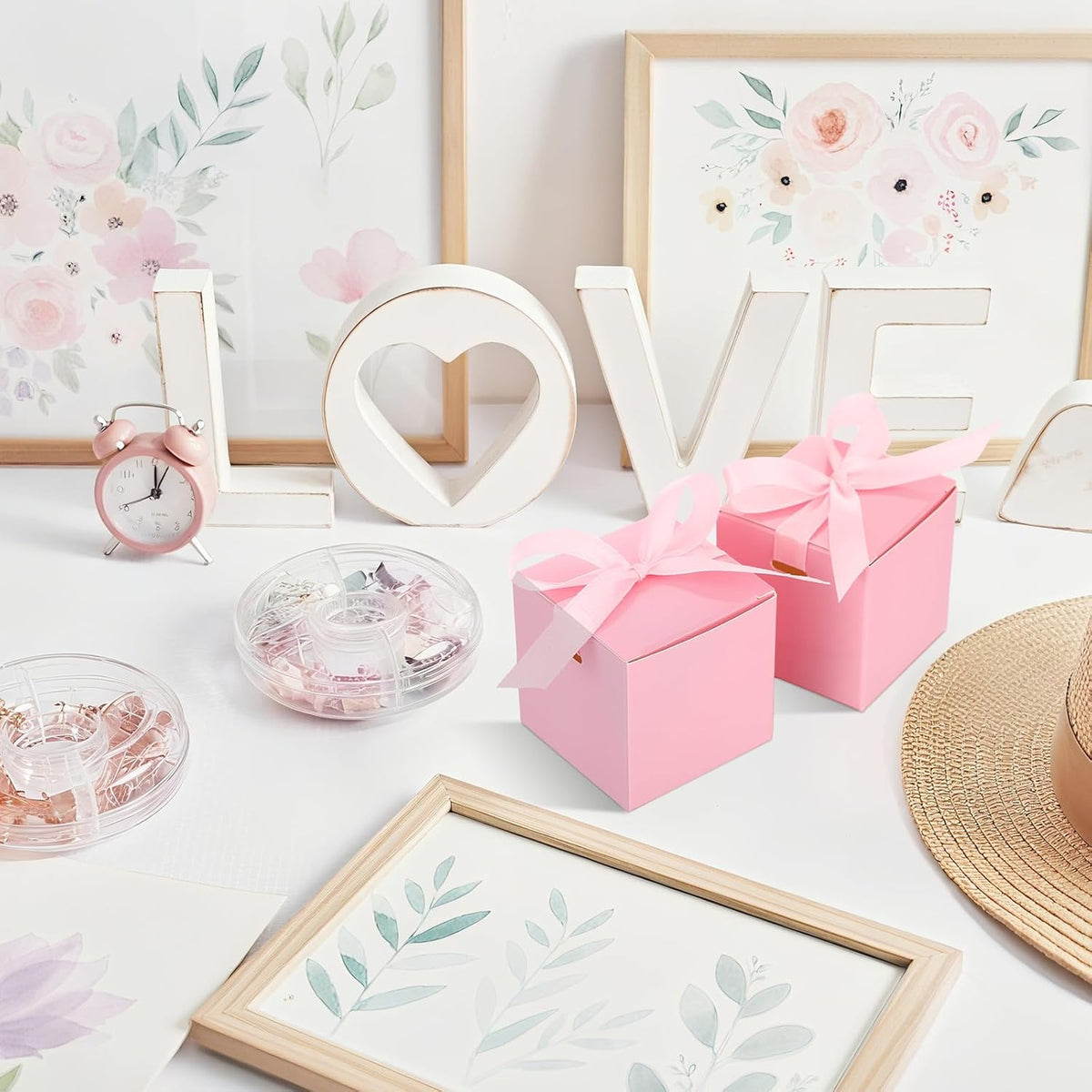 MotiMind 48 Pcs Wedding Gift Boxes with Ribbon Small Party Favor Boxes with Lids Mini Treat Candy Container for Easter Party Birthday and More(Pink,6 Inch)