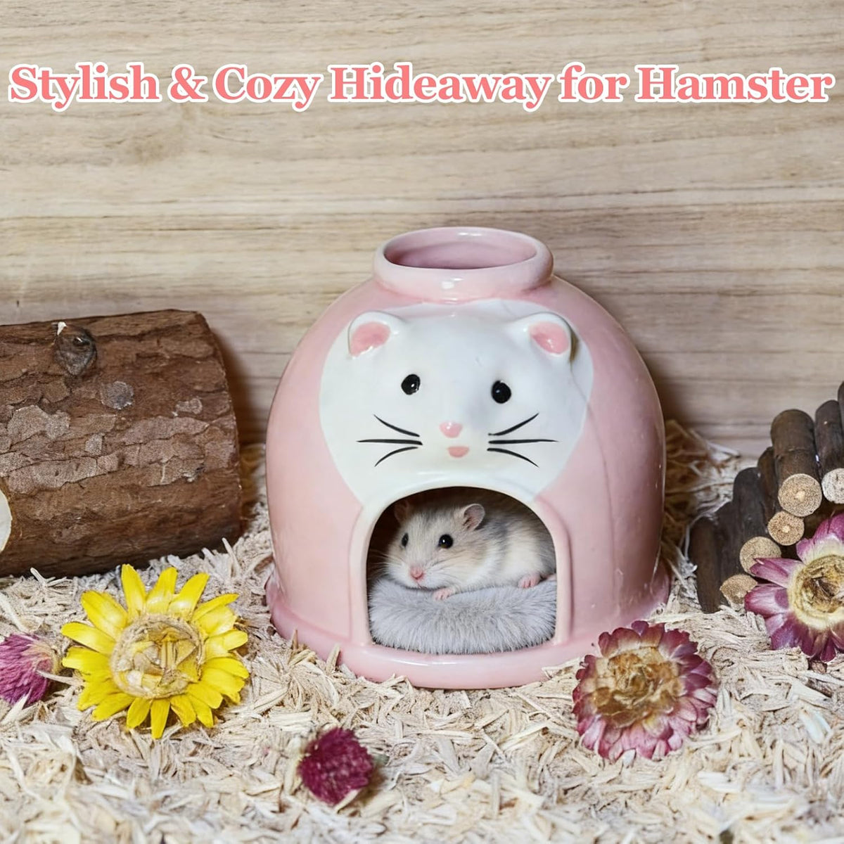Ceramic Hamster Hideout Syrian Hamster House and Habitat Gerbil Hideaway Cooling Cave for Rat Mice Cage Decor Accessories (Pink)