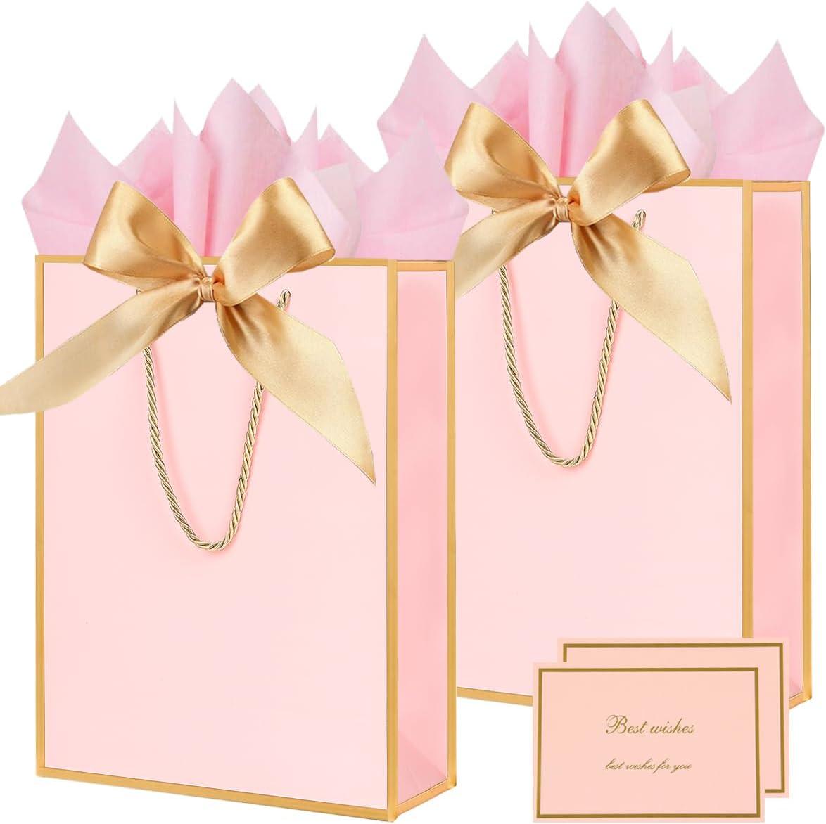 Gift Bags for Presents, 2 Pack Medium Paper Bags with Bow Ribbon Tissue Paper Cards Thank You Gift Bag with Handles for Christmas Holiday Birthday Shopping Bags(Pink,Gold)