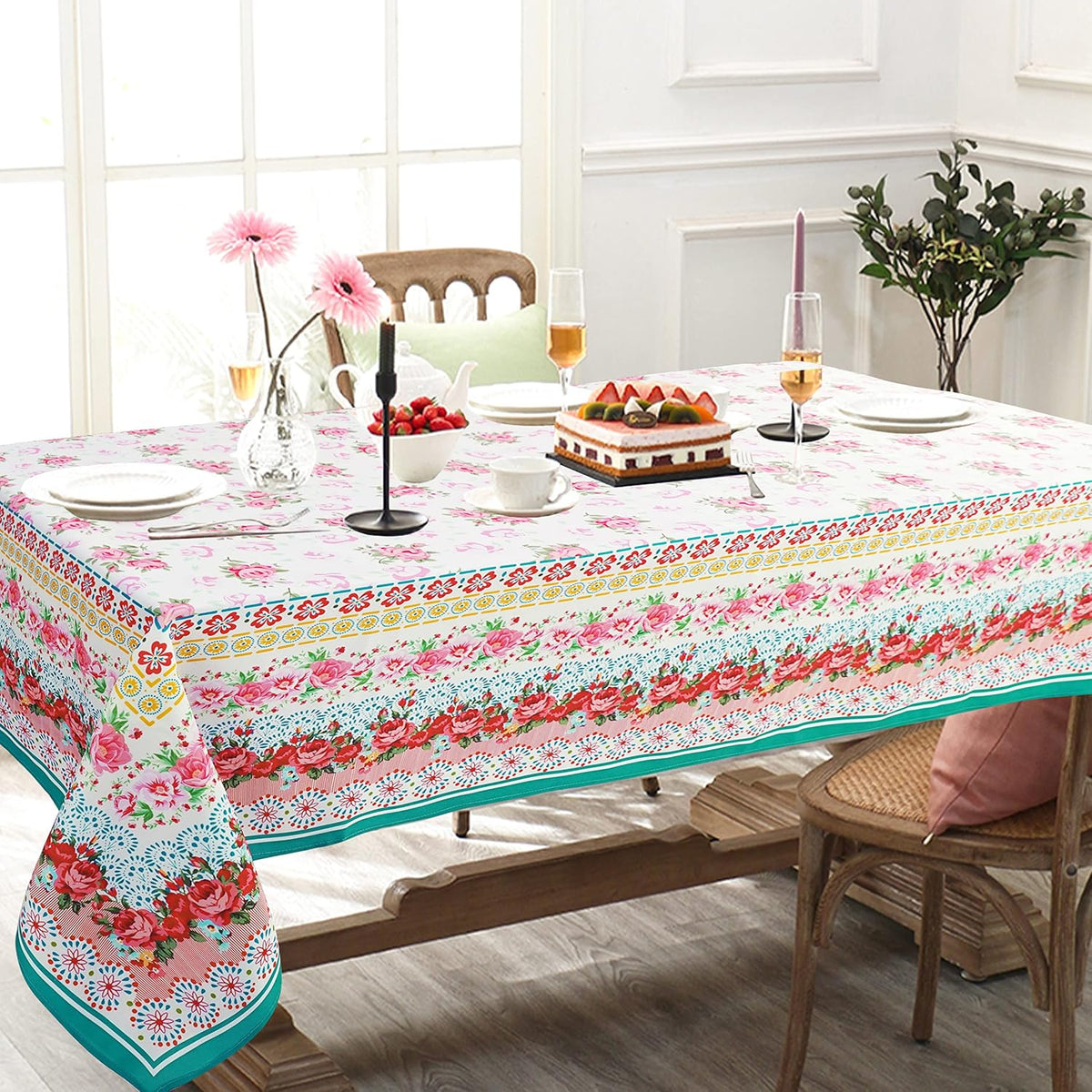 Rectangle Tablecloth - 60 x 84 Inch Pink Pioneer Design Rustic Tablecloth Classic French Country Printed Farmhouse Table Cover for Farmhouse Decoration, Suitable for Home, Kitchen Dining