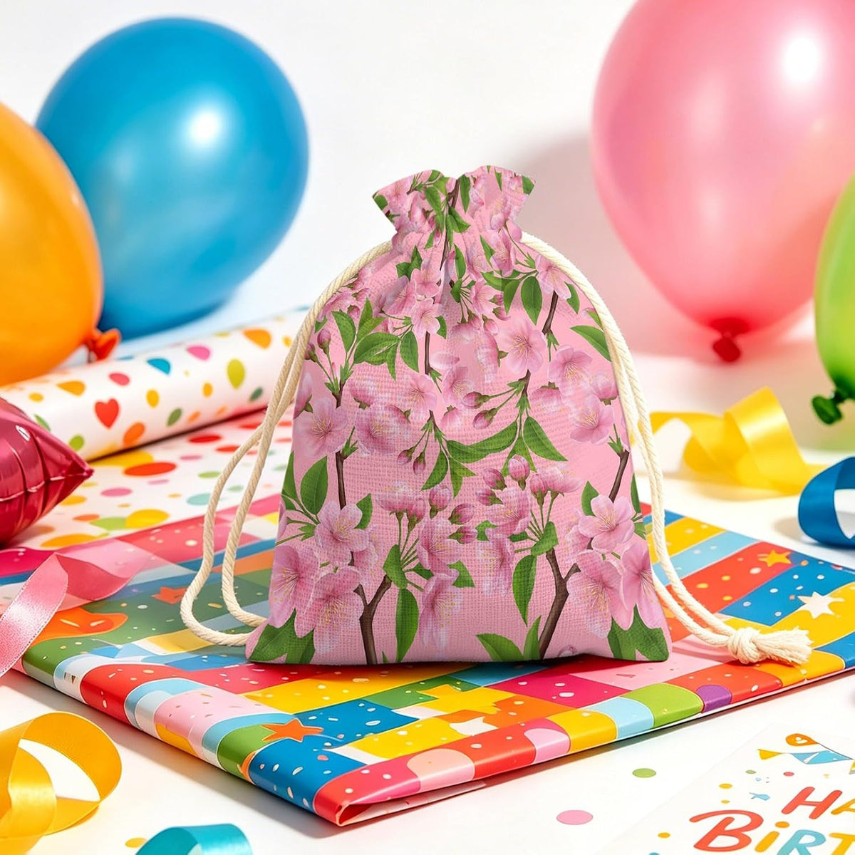 Victoroes Spring Peaches Drawstring Gift Bags 10 Pcs 5" x 7" Small Peaches Flowers Pink Gift Bag Reusable Fabric Wrap Bags for Wedding Party Birthday Holiday
