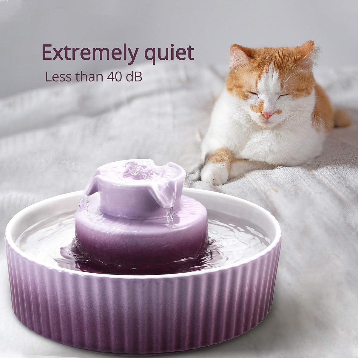 Ceramic Cat Water Fountain, 2.1L/71oz Cupcake Cat Fountain for Dog and Cat Indoor, 2 Ultra Quiet Pumps(Purple)