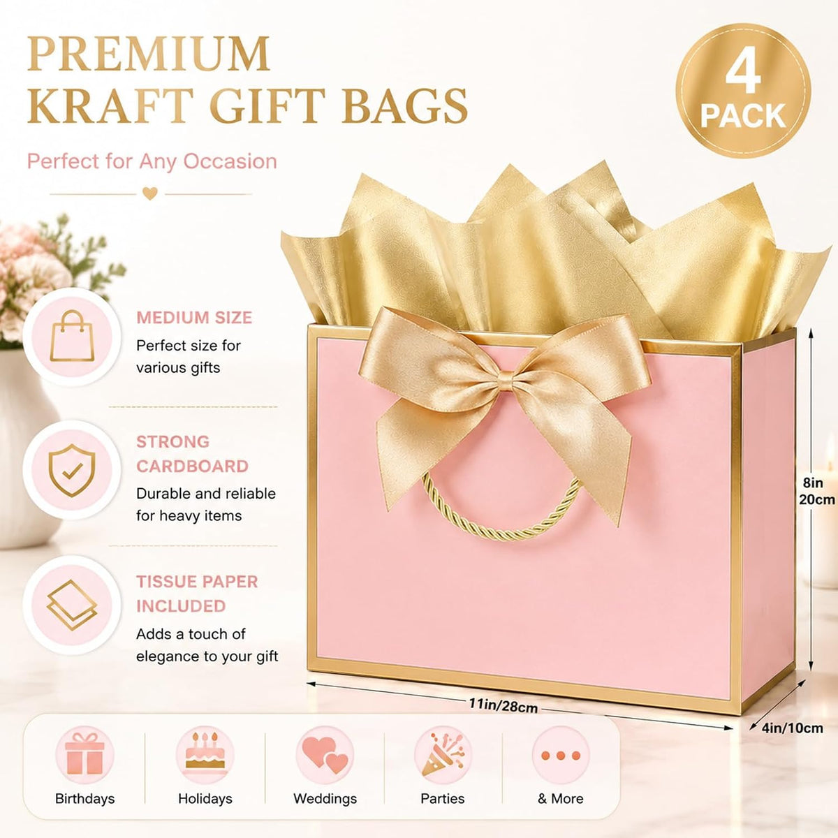 Pink Gift Bags with Gold Trim, 4 Pack, 11 x 4 x 8 Inch