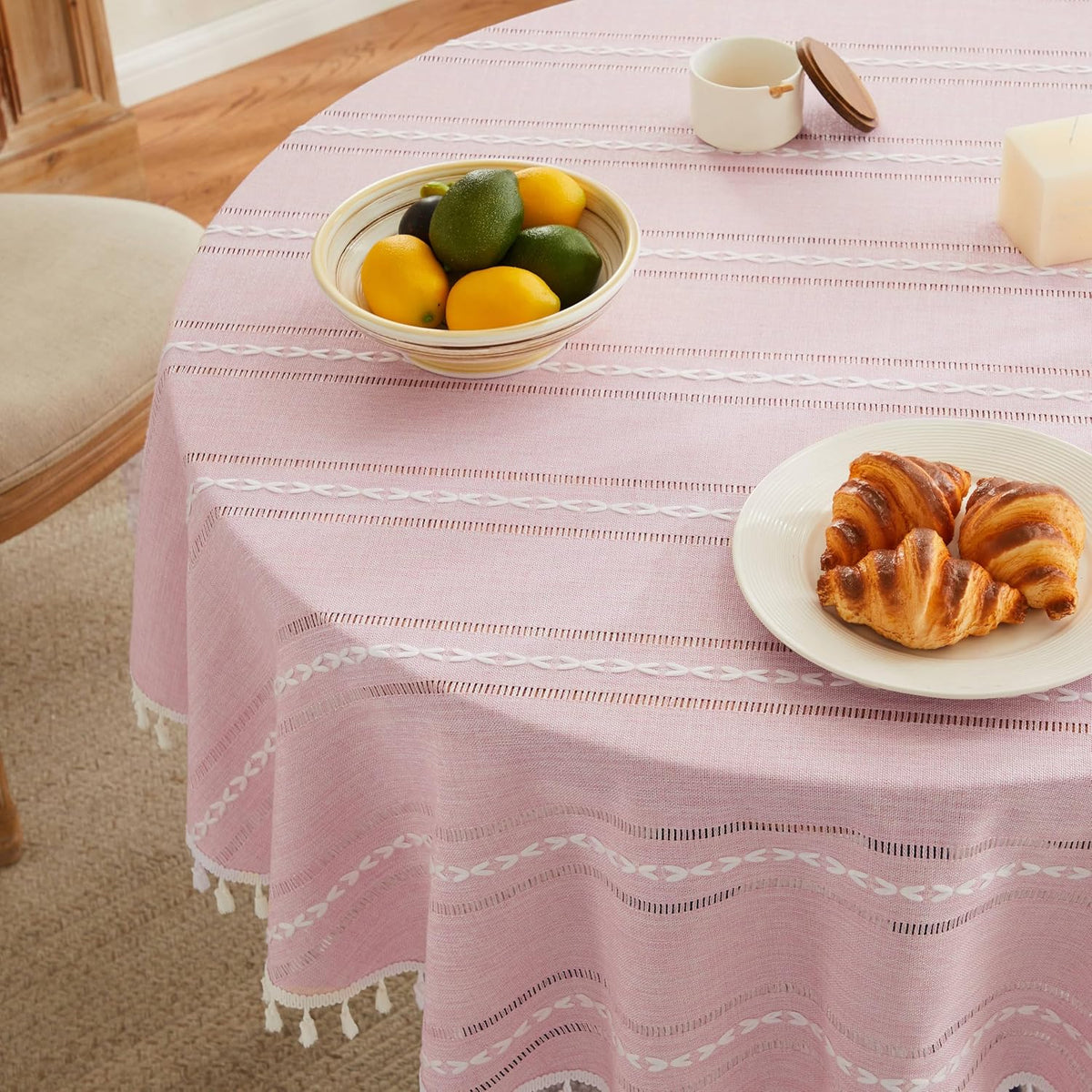 ZeeMart Hemstitched Striped Boho Table Cloth, 60 Inch Round Pink