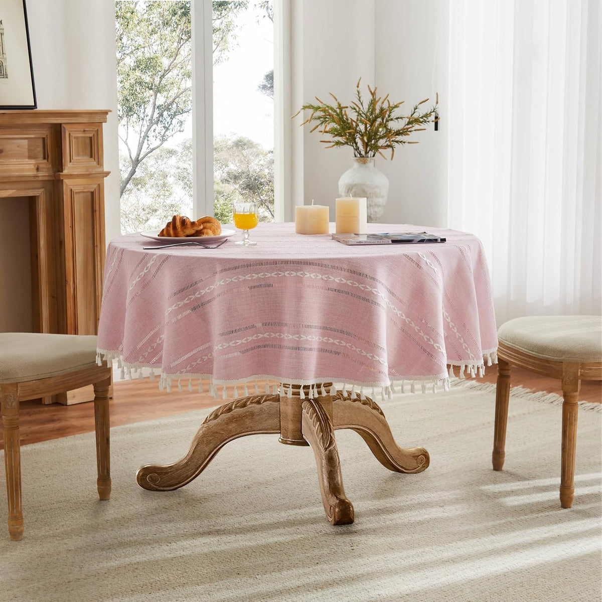 ZeeMart Hemstitched Striped Boho Table Cloth, 60 Inch Round Pink