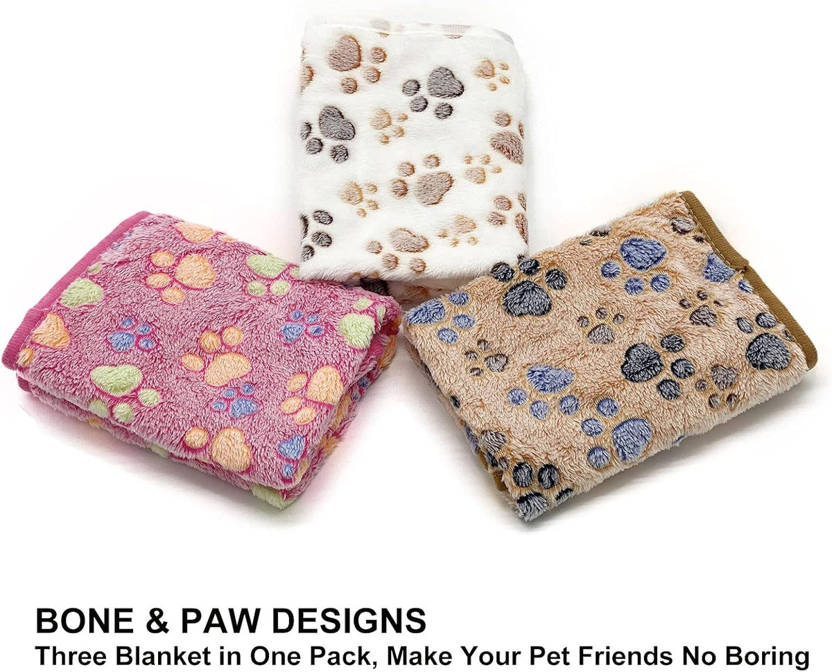 1 Pack 3 Puppy Dog Blankets Super Soft Warm Sleep Mat Fluffy Premium Fleece Pet Blanket Flannel Throw for Dog Puppy Cat - Paw Print Beige/Pink/Brown Small(23"x15")