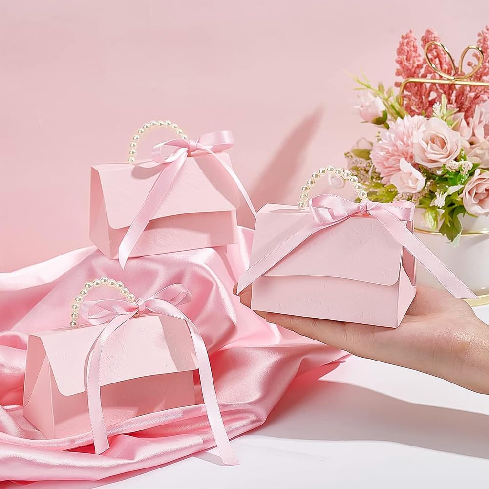 16Set Wedding Favors Box DIY Set, Pink Kraft Paper Box with Pearl Handle, Ribbons, Stickers, Gift Boxes for Birthday, Party Favor, Boutique, Wedding and Anniversary