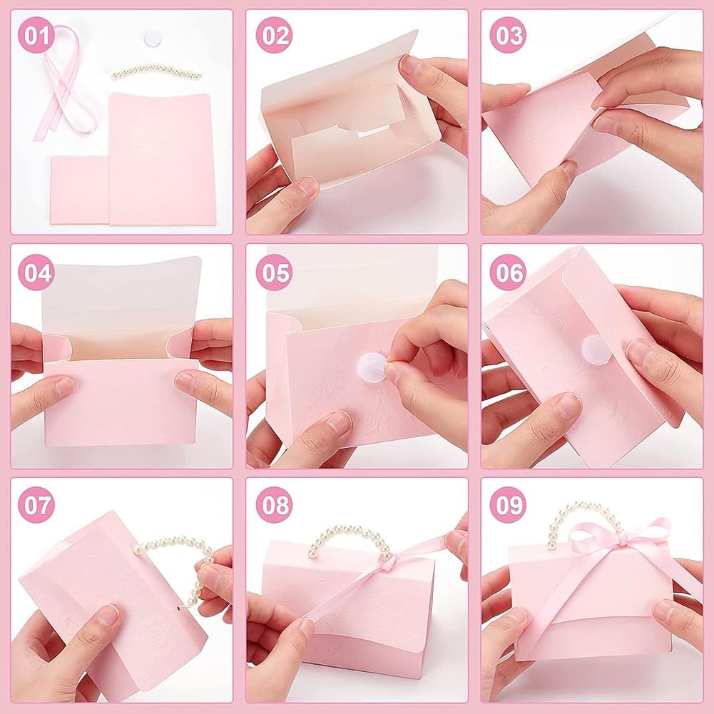16Set Wedding Favors Box DIY Set, Pink Kraft Paper Box with Pearl Handle, Ribbons, Stickers, Gift Boxes for Birthday, Party Favor, Boutique, Wedding and Anniversary
