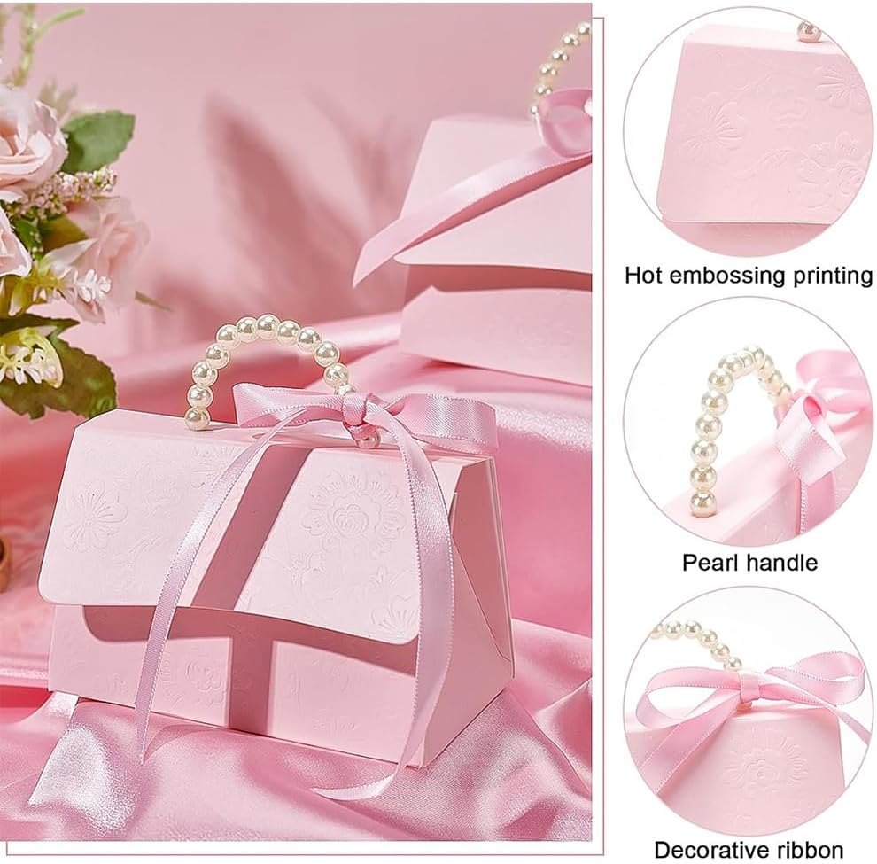16Set Wedding Favors Box DIY Set, Pink Kraft Paper Box with Pearl Handle, Ribbons, Stickers, Gift Boxes for Birthday, Party Favor, Boutique, Wedding and Anniversary
