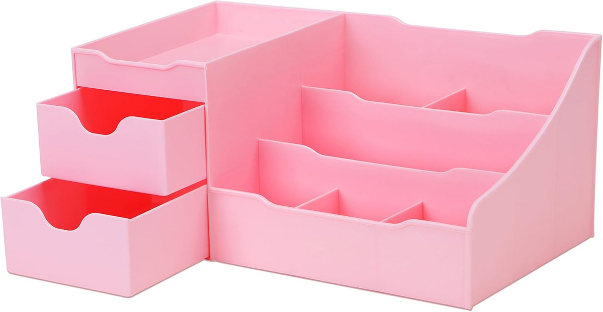 Makeup Organizer With Drawers - Cute Kawaii Countertop Storage for Cosmetics, Pretty Vanity Holder for Perfume, Skincare, Brush, Lipstick, Nail Polish and other Accessories Pink